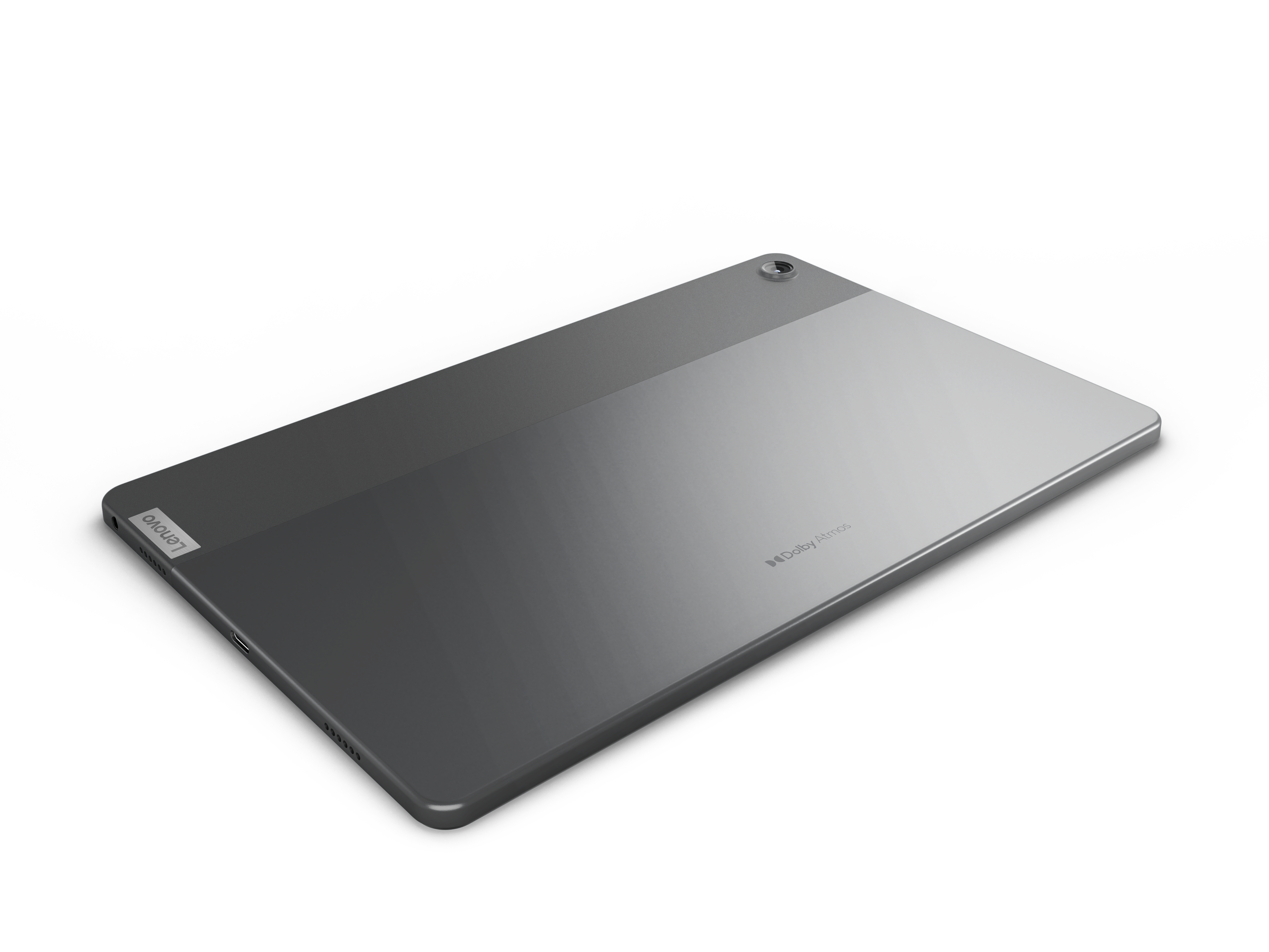 Graues Tablet, Rückansicht, mit Lenovo-Logo und Dolby Atmos-Text, auf Schwarz.