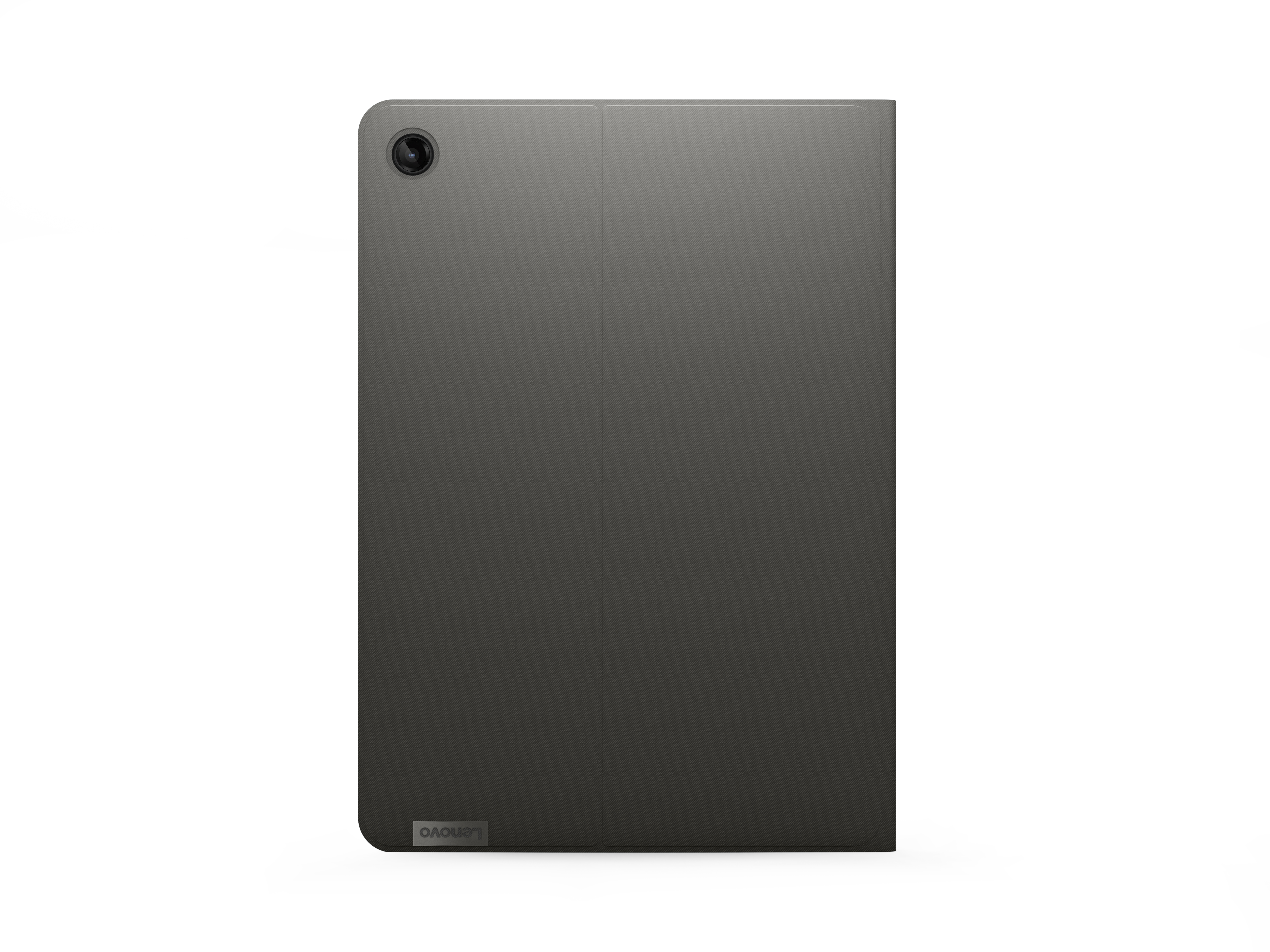 Schwarzes Tablet auf schwarzem Hintergrund. Die Rückseite des Tablets ist sichtbar.