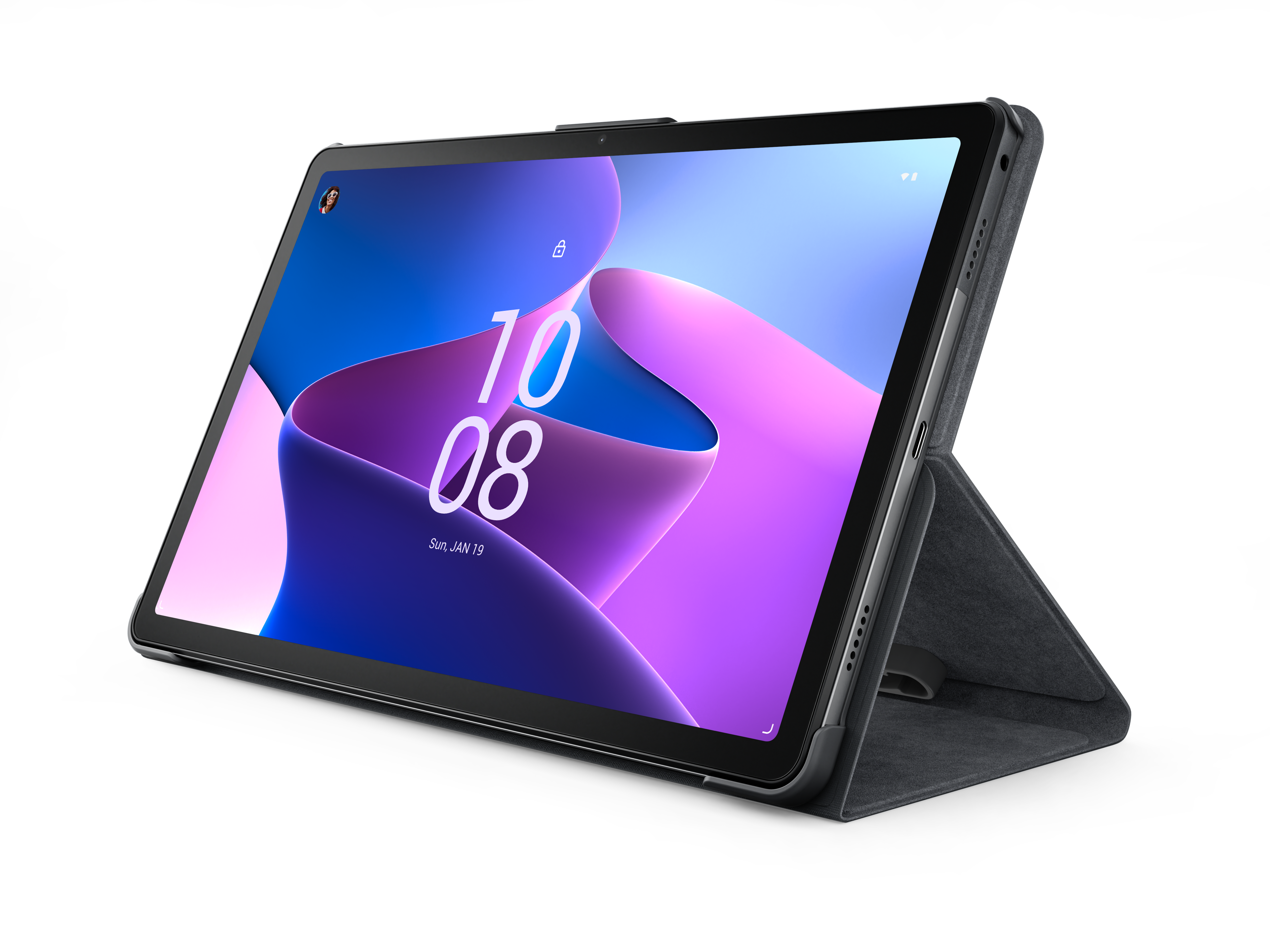 Ein graues Tablet mit einer Standtasche, das eine digitale Oberfläche auf dem Bildschirm anzeigt.