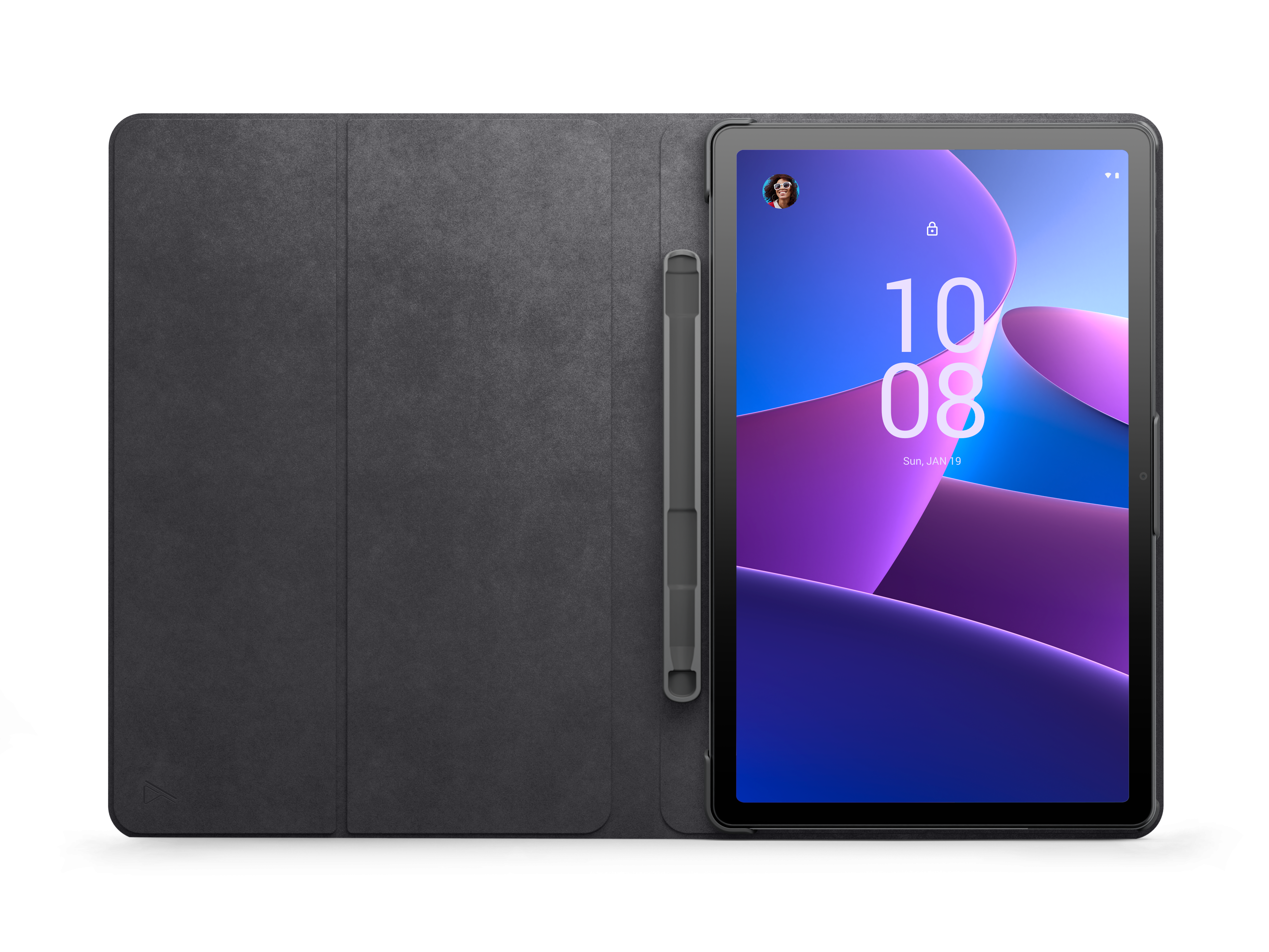 Tablet in dunkler grauer Hülle, Stift befestigt. Tablet zeigt Datum auf lila-blauem Bildschirm.