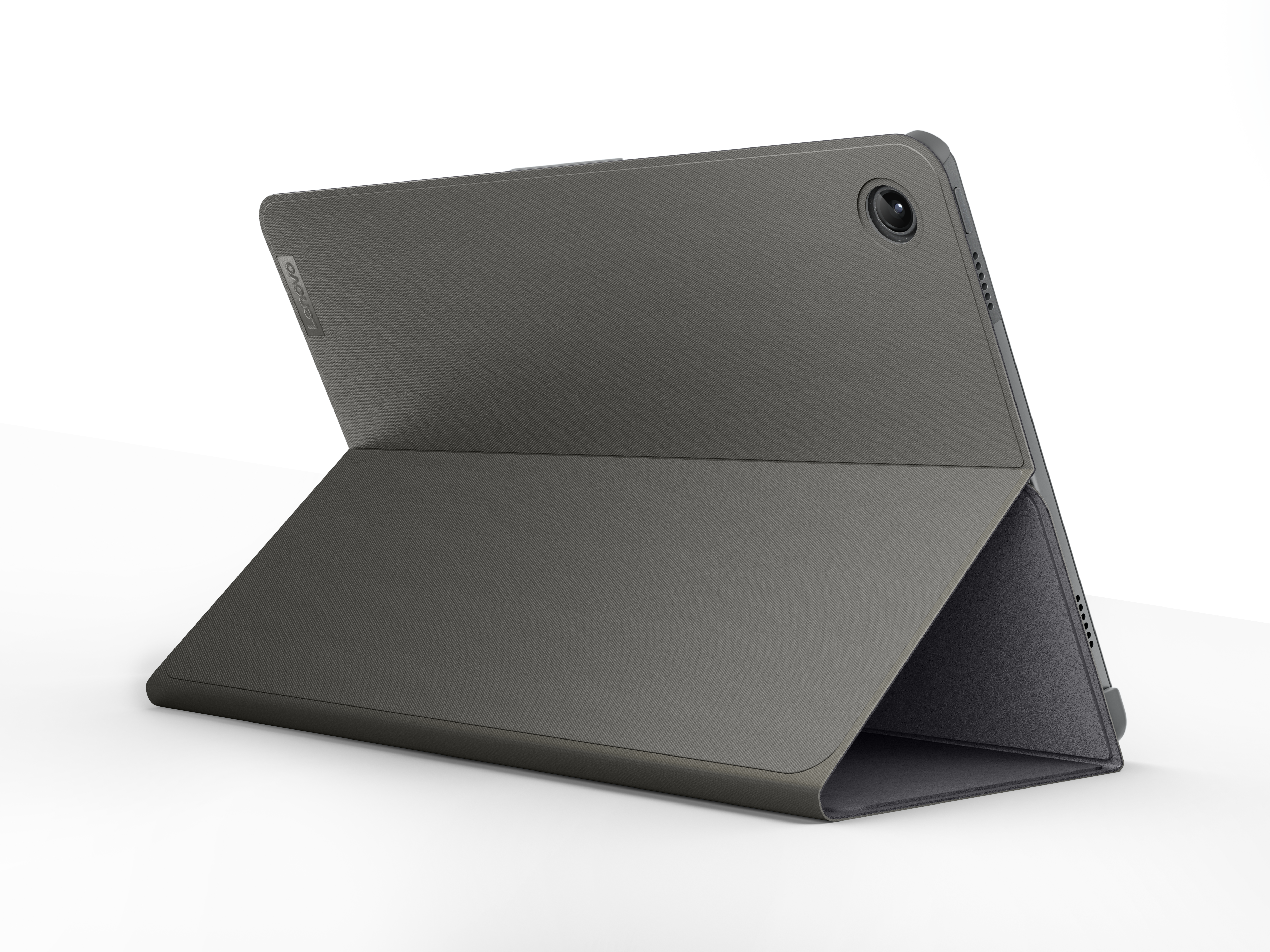 Graues Tablet mit Hülle. Die Hülle ist gefaltet, um das Tablet aufzustellen. Das Lenovo-Logo befindet sich oben links.