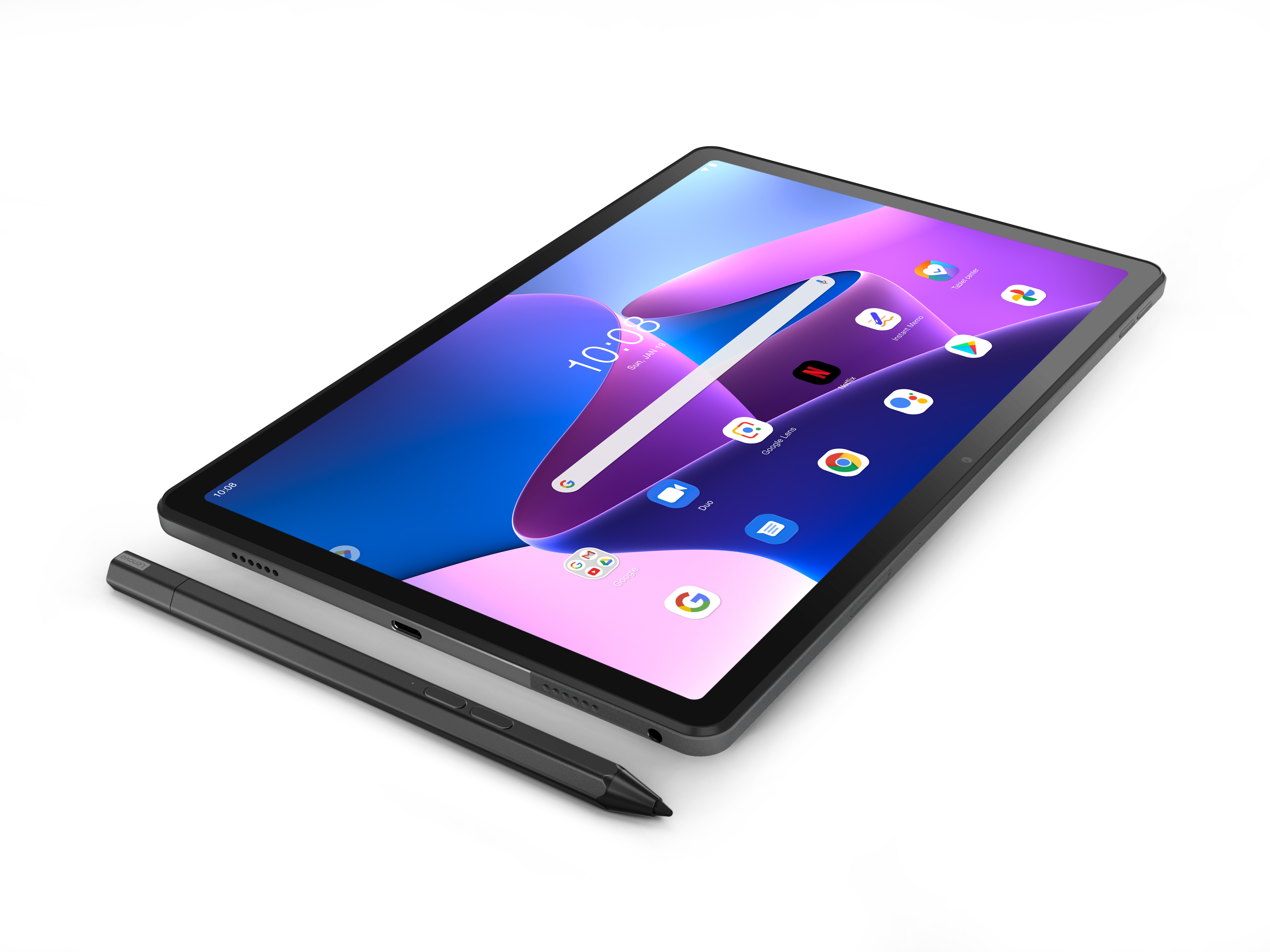 Tablet mit Stift, zeigt App-Icons und einen Kalender auf dem Bildschirm.