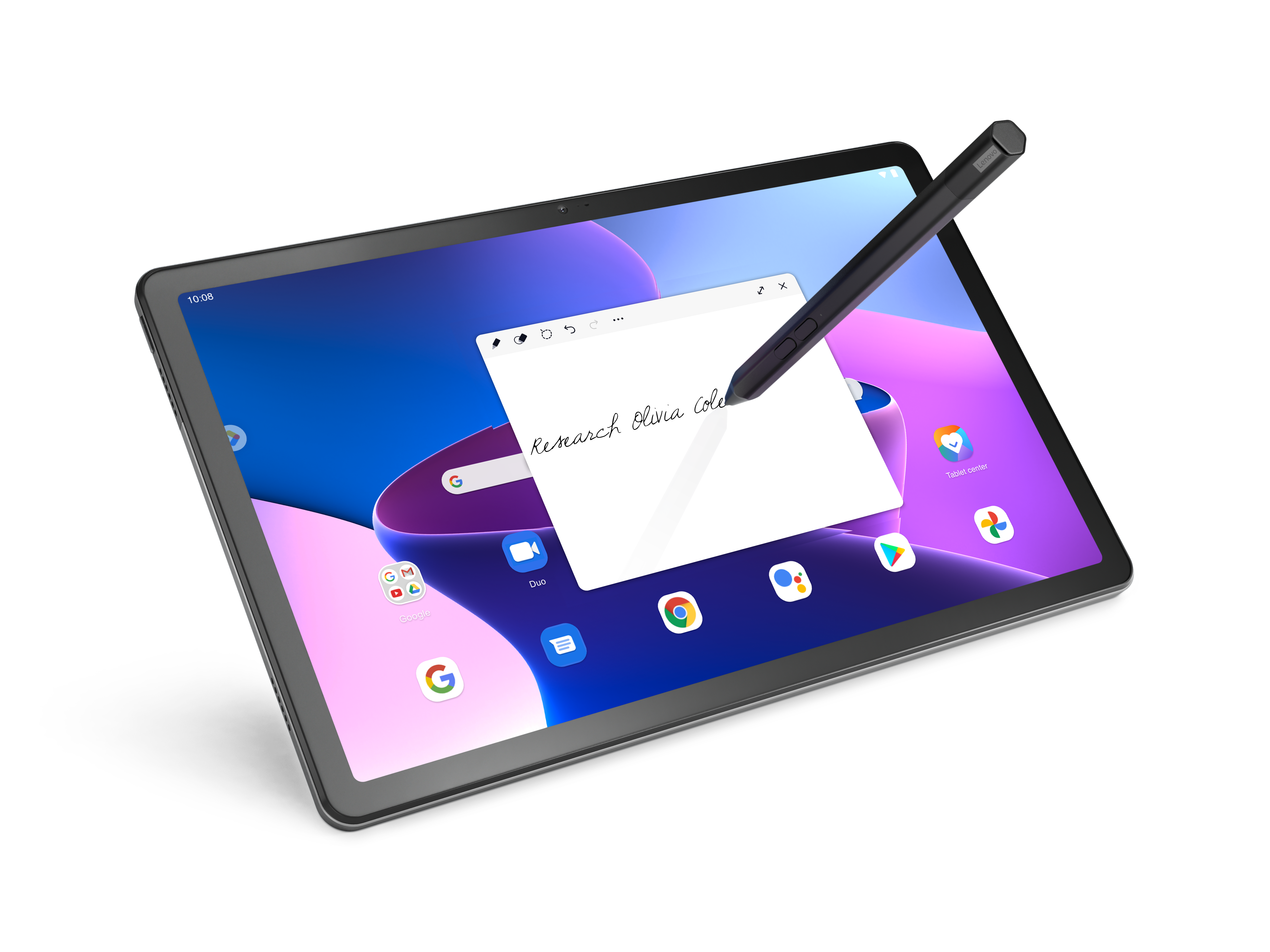 Ein Tablet mit einem Stift, das einen Notizblock mit handschriftlichem Text anzeigt: 'research, clara, cold'.