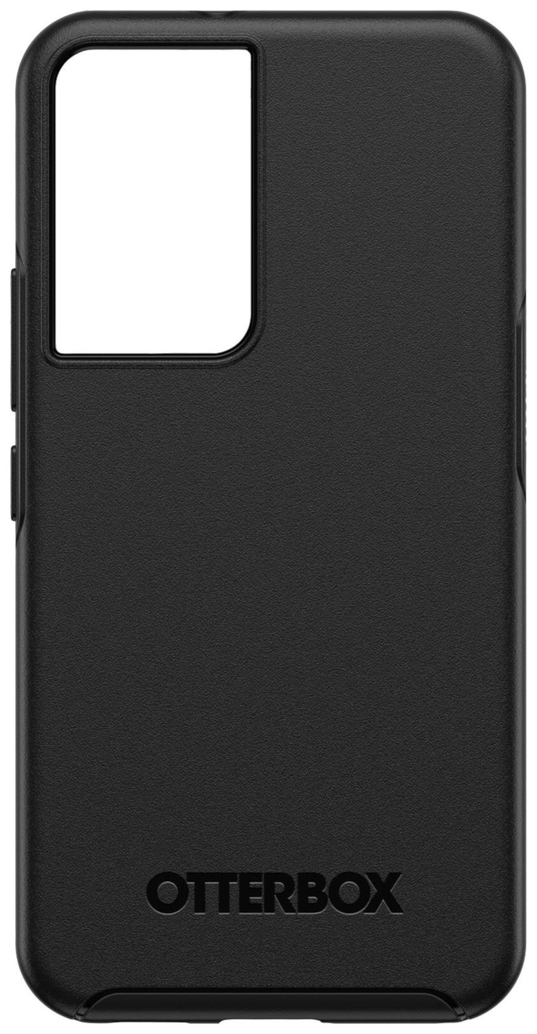 Coque de téléphone OtterBox noire avec découpe caméra et logo.