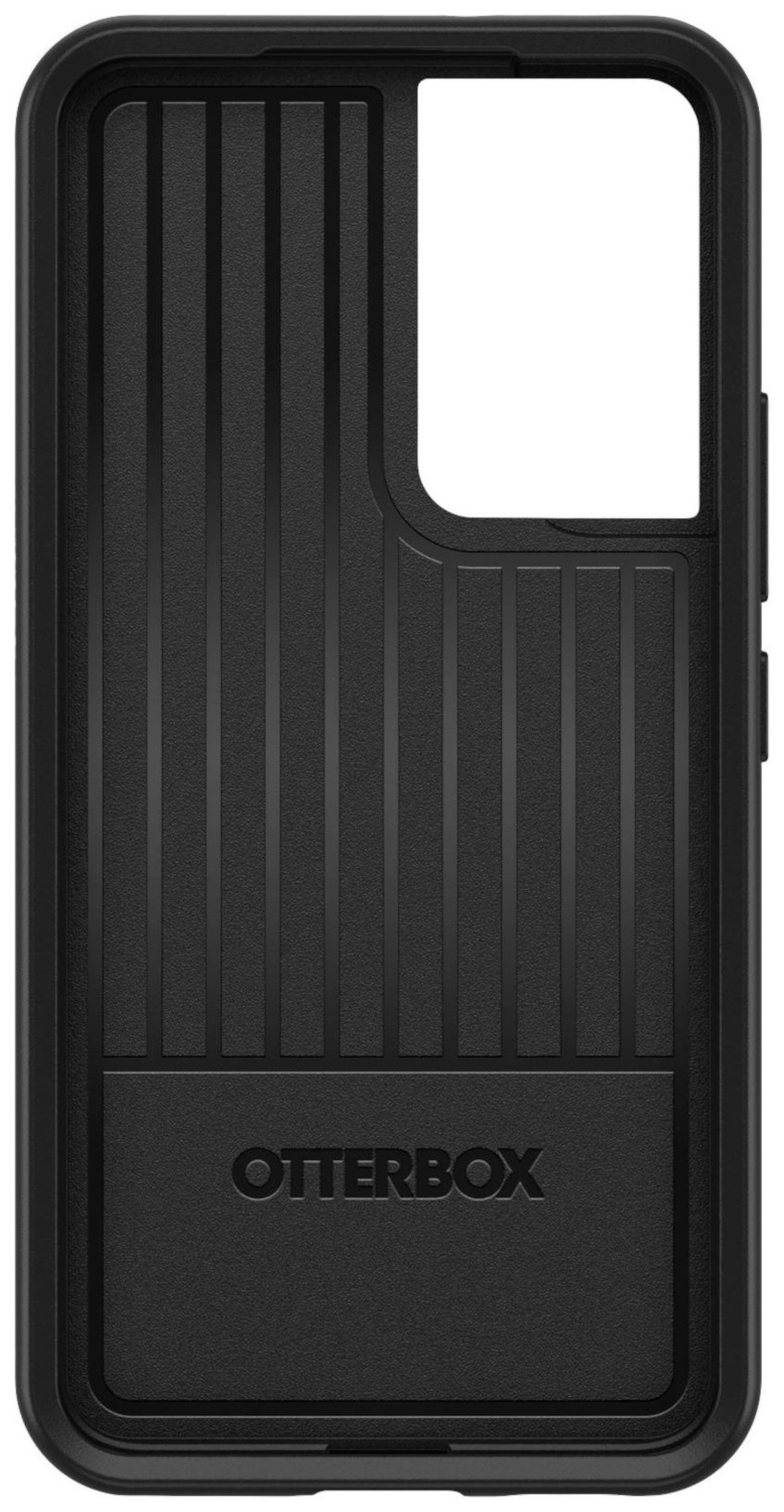 Coque de téléphone noire avec dos texturé, logo OtterBox et découpe pour l'appareil photo.