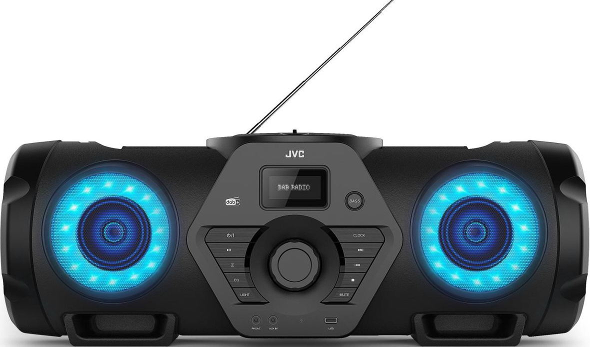 Radio JVC noire avec lumières bleues, antenne et boutons de commande sur fond blanc.