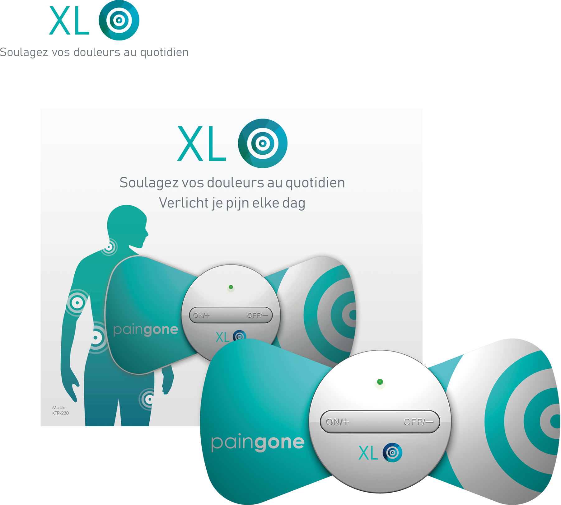 Appareil XL paingone, un coussinet turquoise avec des boutons et un schéma des points corporels.