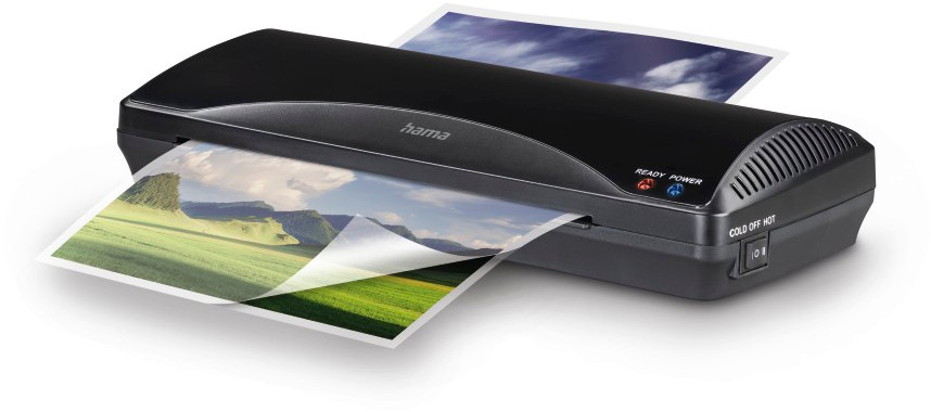 Black laminator with papers being laminated. The device is on a white background.