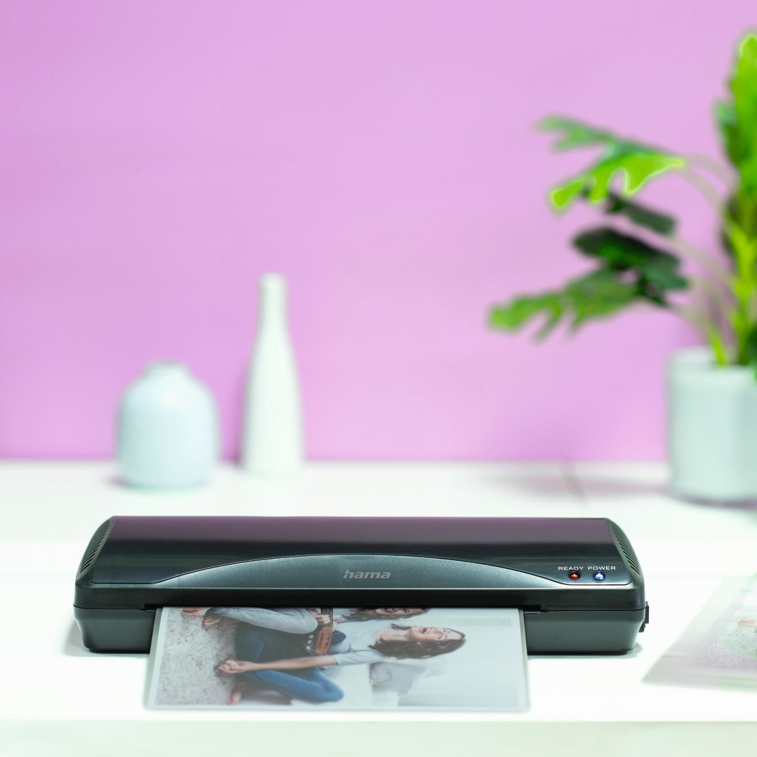 Laminator with photo. Black, white surface, pink background, plant. Photo in the process.
