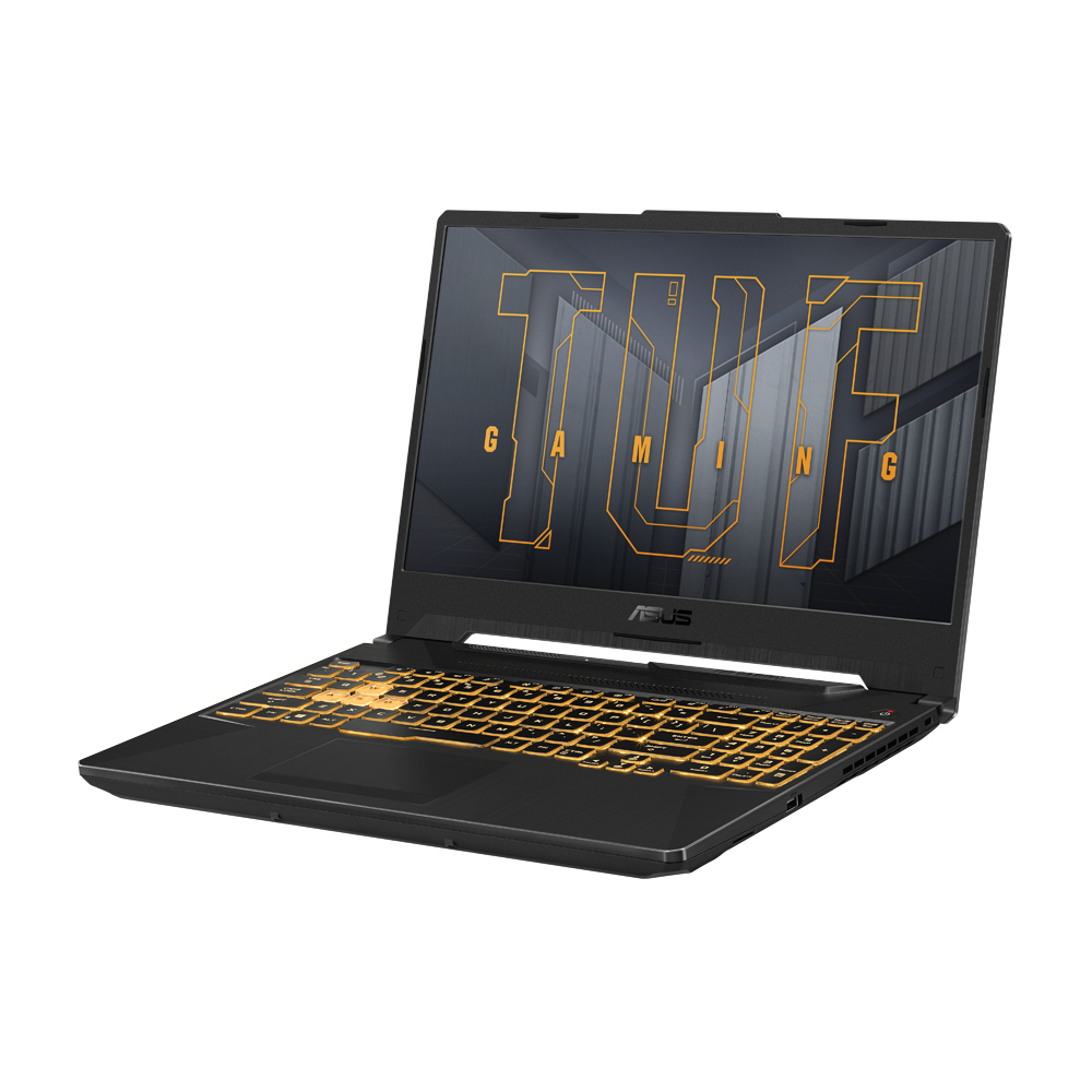 Ein schwarzer Laptop mit orangefarbener Tastaturbeleuchtung, geöffnet auf einer weißen Oberfläche. Der Bildschirm zeigt ein Logo.