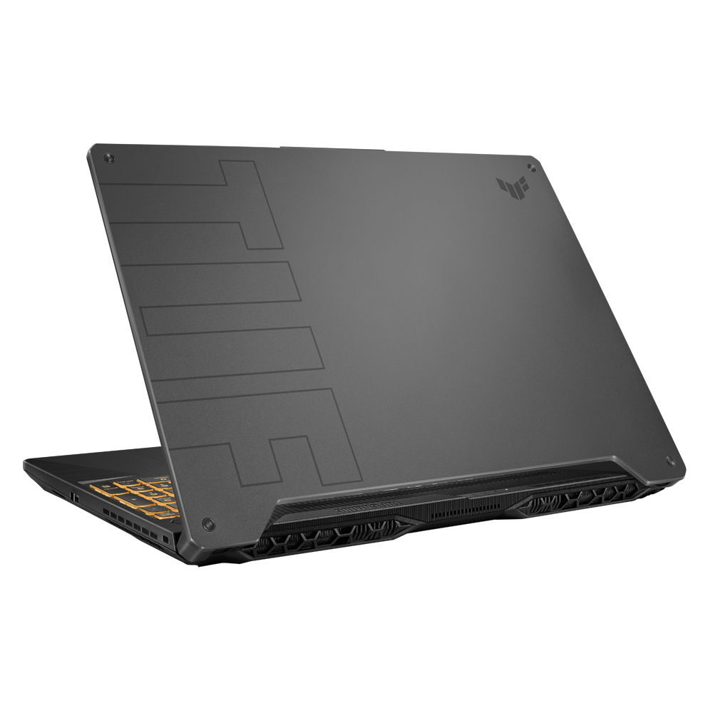 Dunkelgrauer Laptop mit TUF-Logo auf dem Deckel. Der Bildschirm ist leicht geöffnet, Tastatur sichtbar.