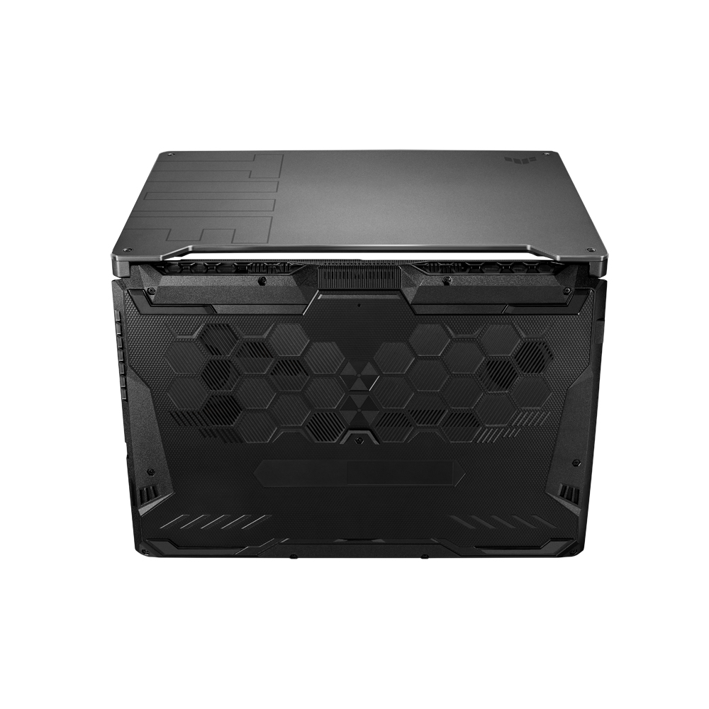 Rückansicht des Laptops. Schwarz mit sechseckigem Design. Die Oberseite hat Text.