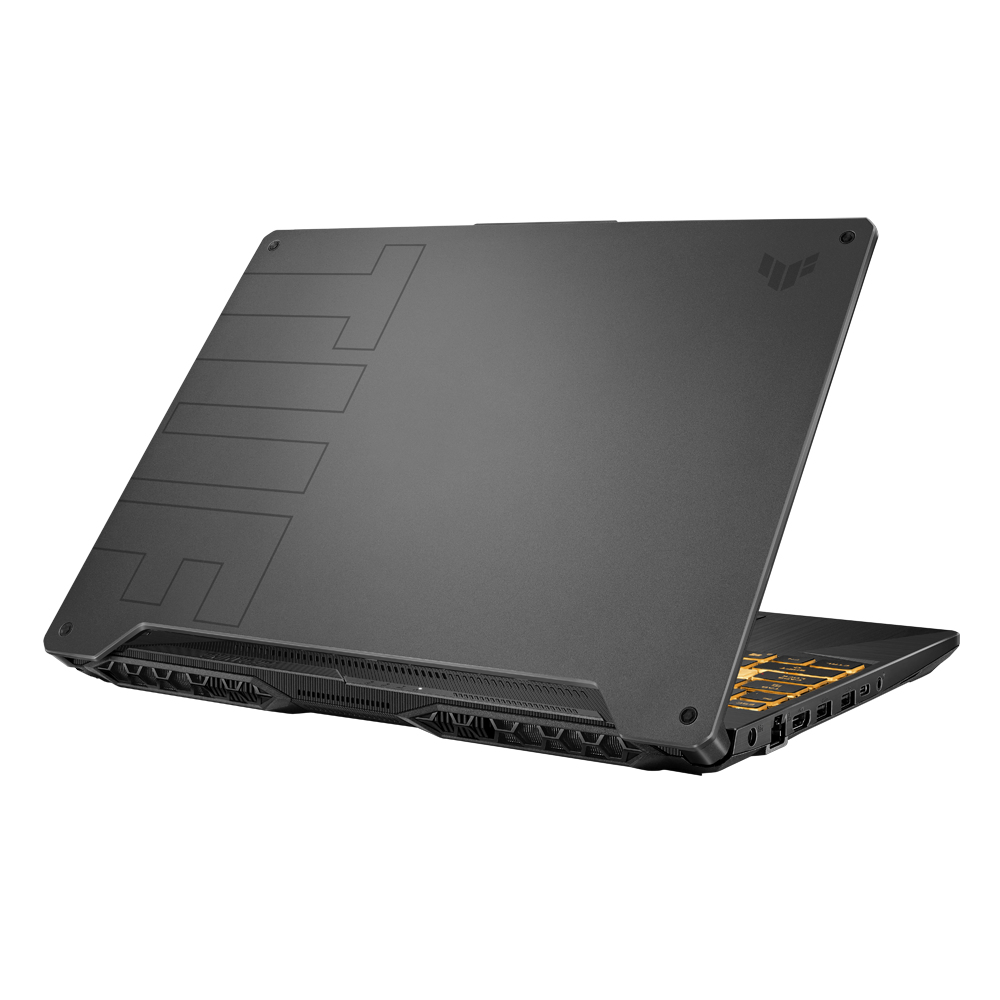 Schwarzer Laptop, Rückansicht. Die Rückseite zeigt das Markenlogo und ein Design. Gelbe Tastatur.