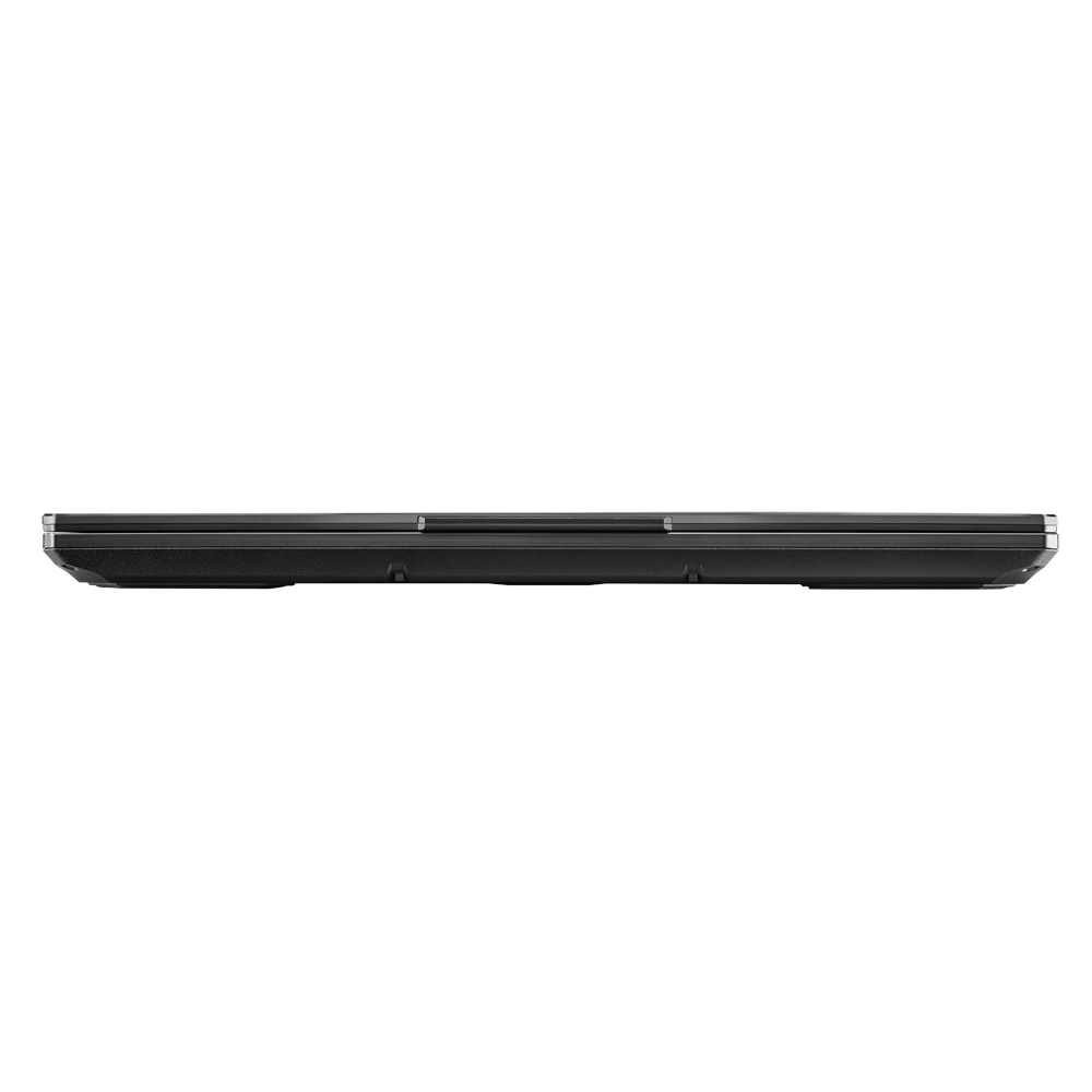 Seitenansicht eines schwarzen Laptops. Minimales Design. Sichtbare Kanten- und Scharnierdetails.