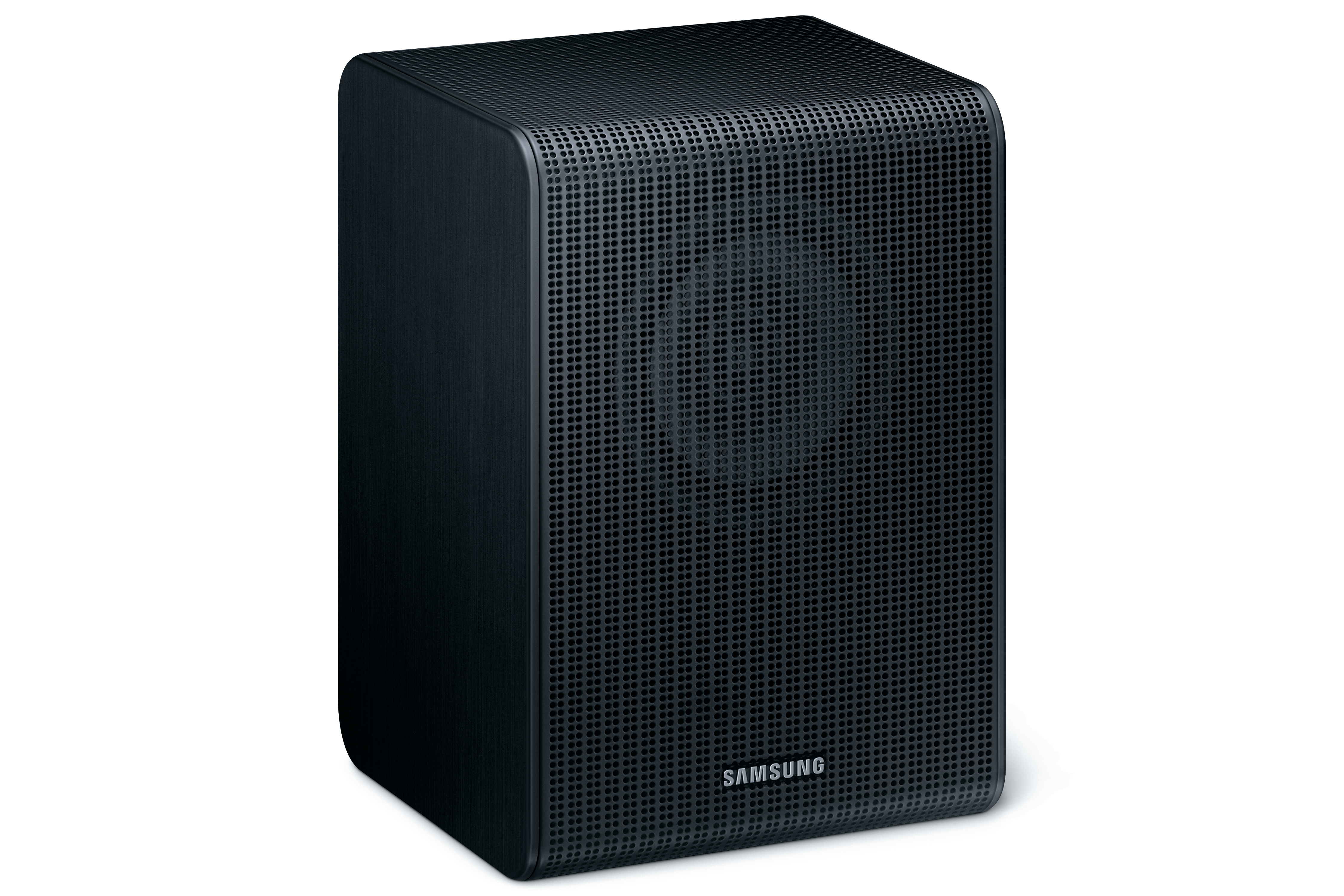 Schwarzer Samsung Lautsprecher mit Lochmuster auf der Vorderseite.