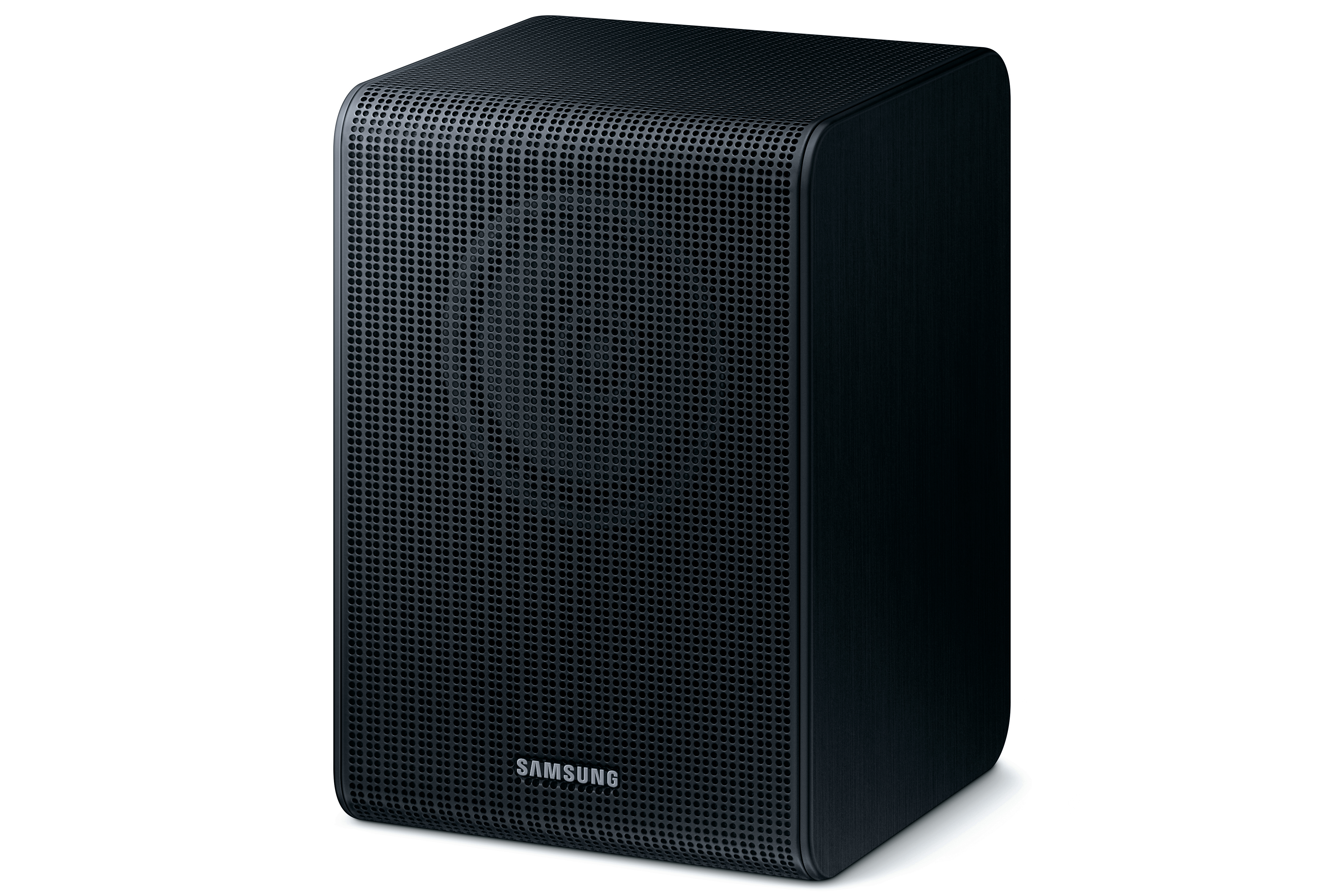 Ein schwarzer Samsung Lautsprecher mit perforierter Vorderseite.