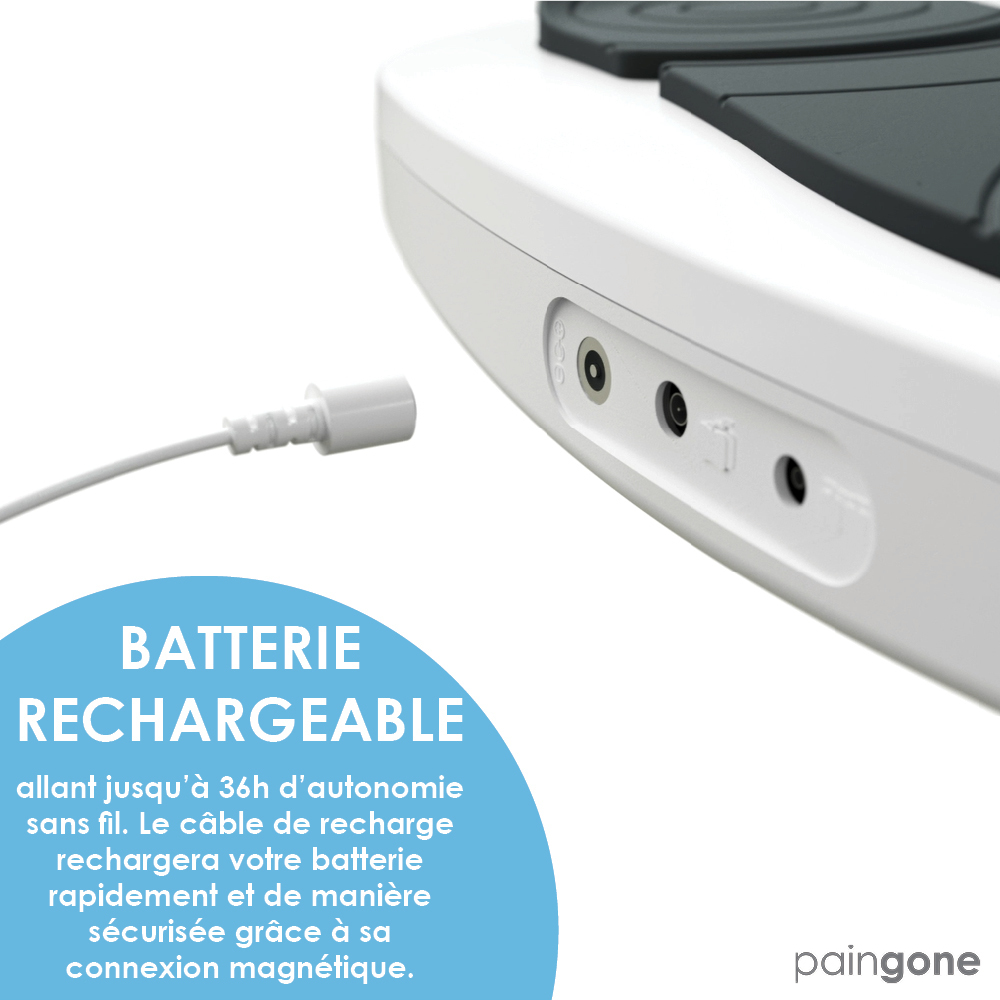 Close-up of a white device with charging port, with text: 'BATTERIE RECHARGEABLE'.