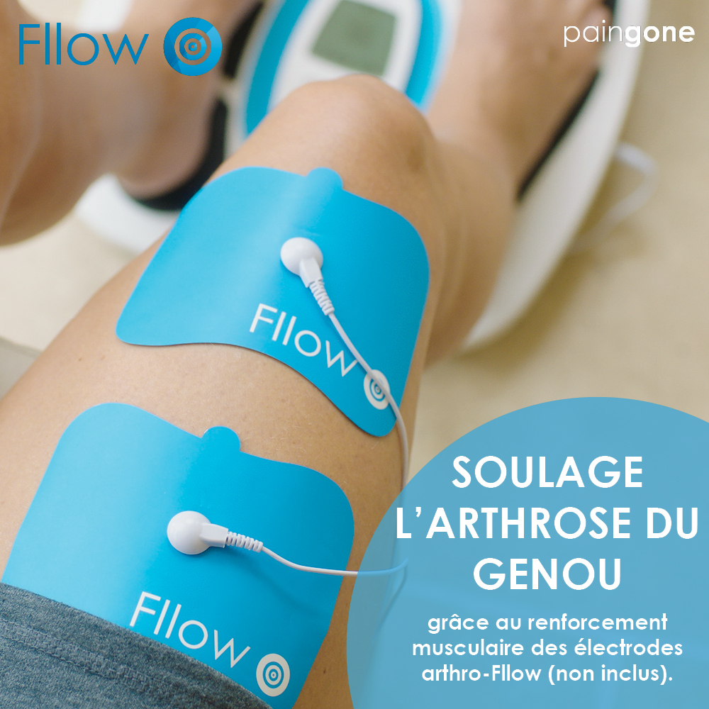 A person's leg with electrodes attached. Text in French about knee arthritis.