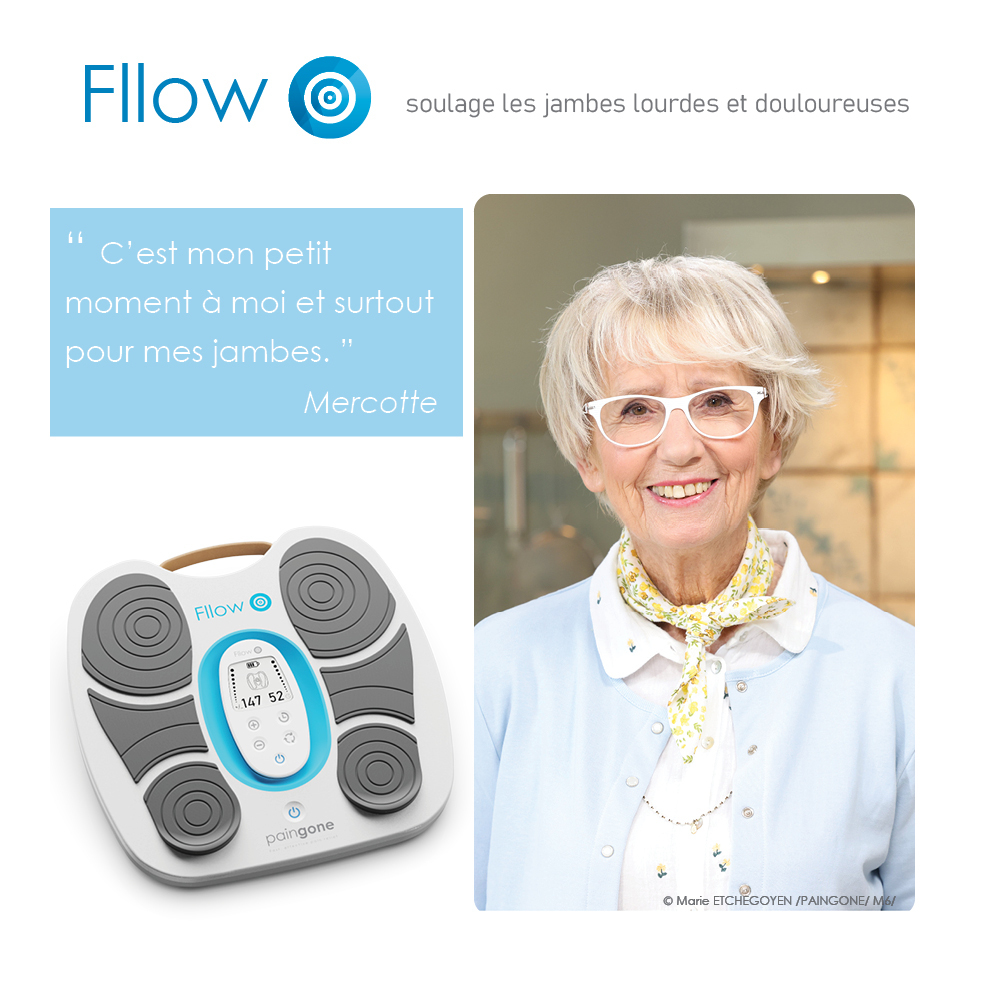 Woman smiling with leg massager, text about relief for heavy legs and quote.