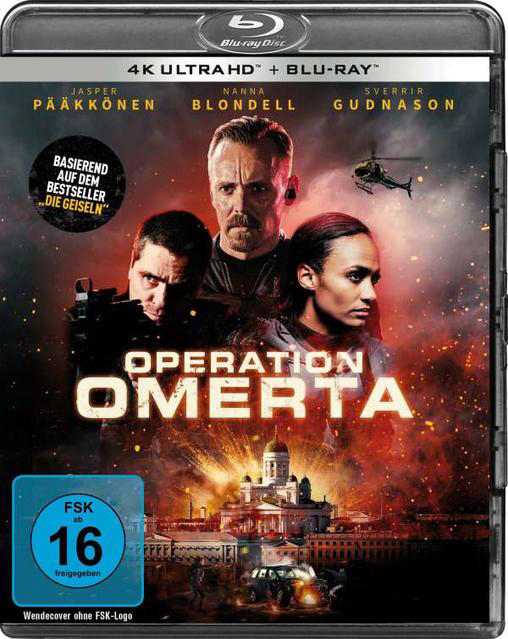 Filmcover: 'Operation Omerta'. Zeigt drei Personen, eine Stadt bei Nacht und einen Helikopter.