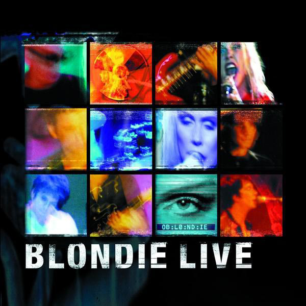 Blondie Live Albumcover: Ein Raster von Bildern mit Text. Dunkler Hintergrund, bunte Quadrate.