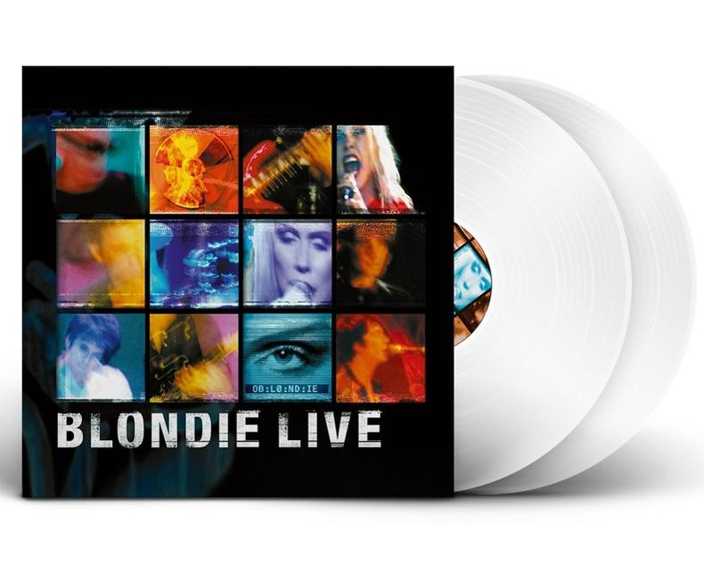 Albumcover des Blondie Live Albums. Weiße Vinyl-Schallplatten befinden sich rechts.