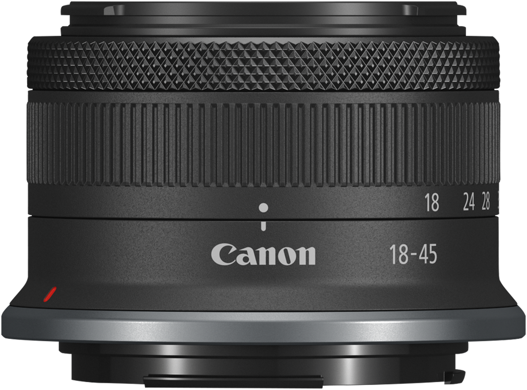 Objectif Canon 18-45mm. Noir avec des accents argentés, avec des réglages pour 18, 24 et 28mm. Logo Canon.