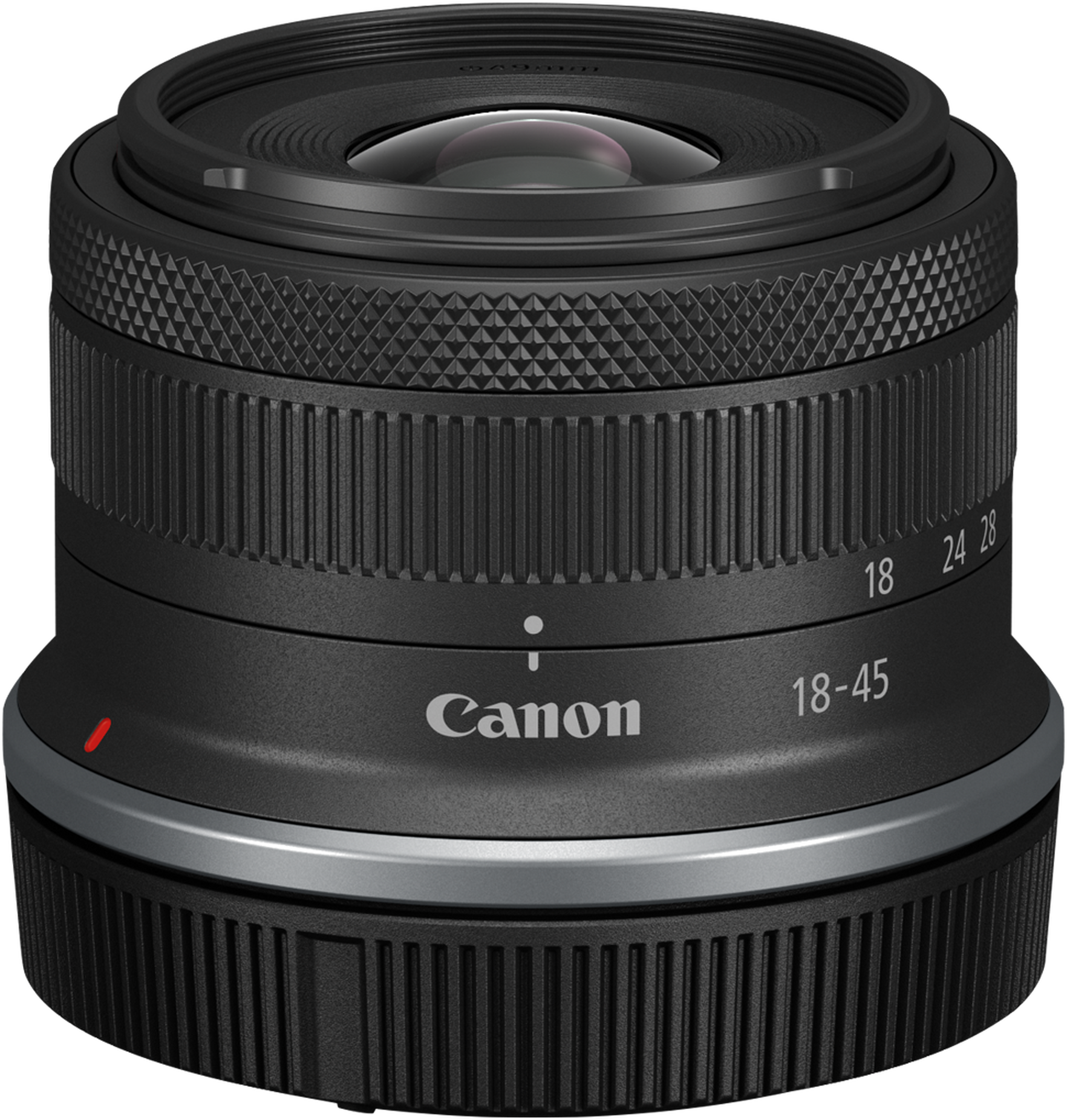 Gros plan d'un objectif Canon 18-45mm, avec des marquages détaillés et un point rouge.