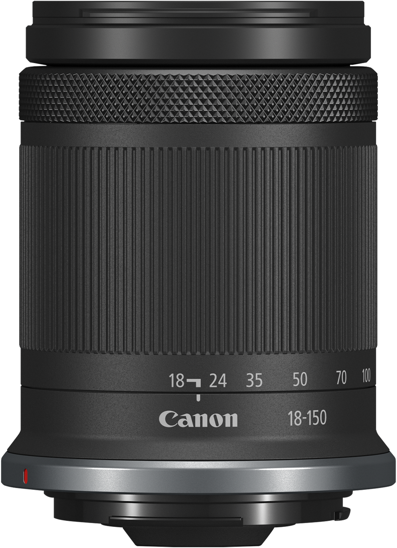 Un obiettivo Canon 18-150 mm nero. Ha indicatori di lunghezza focale, il logo Canon e un barilotto scanalato.
