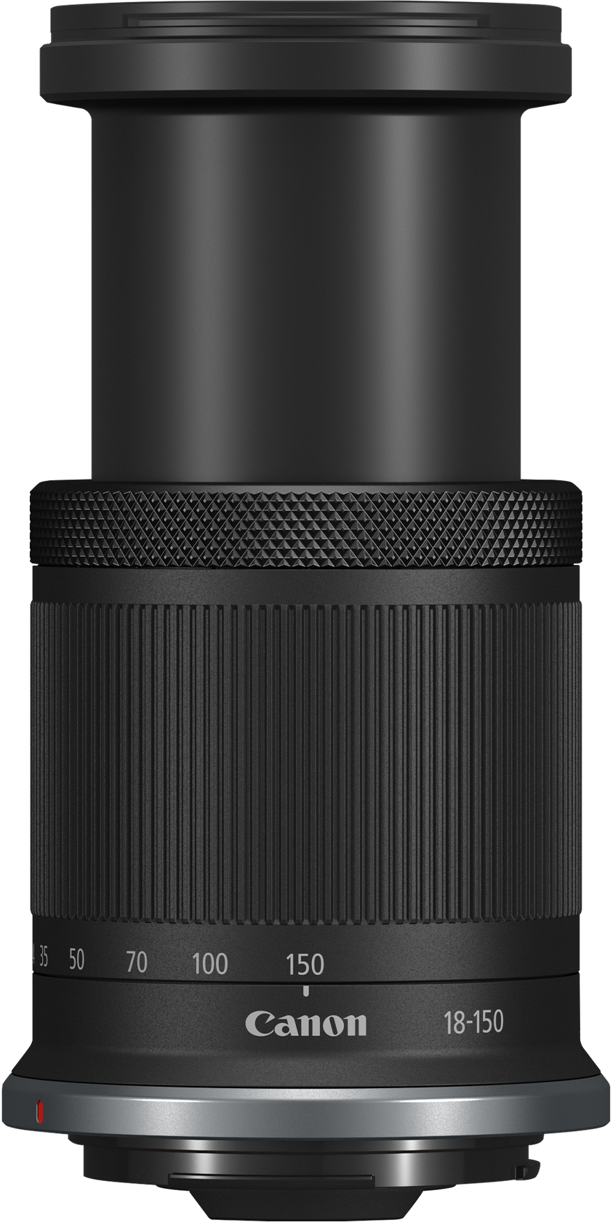 Un obiettivo per fotocamera Canon 18-150mm nero. Ha indicatori di distanza focale, logo Canon e sezioni a coste e strutturate.