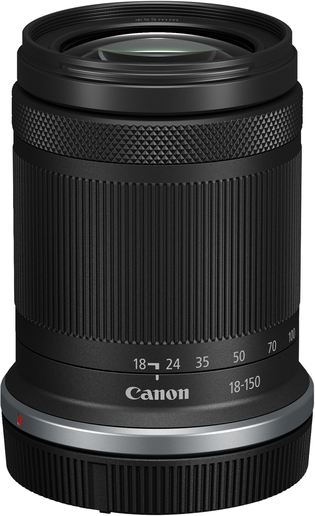 Viene visualizzato un obiettivo Canon 18-150mm nero. L'obiettivo ha segni per le lunghezze focali e il logo Canon. La ghiera di messa a fuoco è in basso.