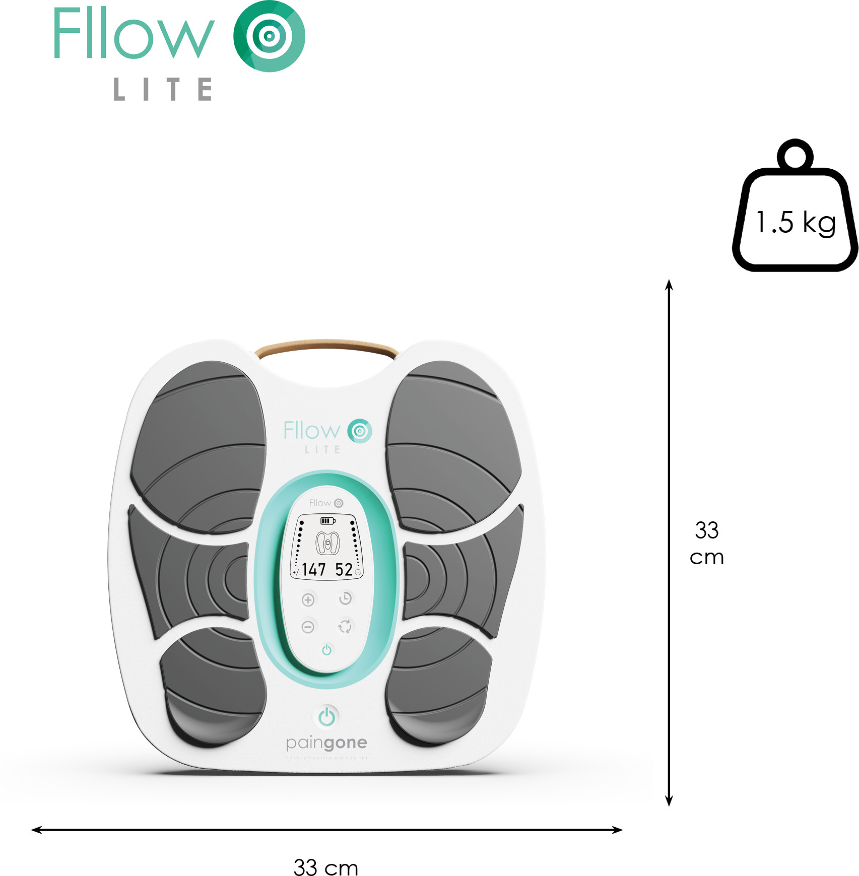 White and gray foot massager with dimensions and weight details. Footprints on the surface.