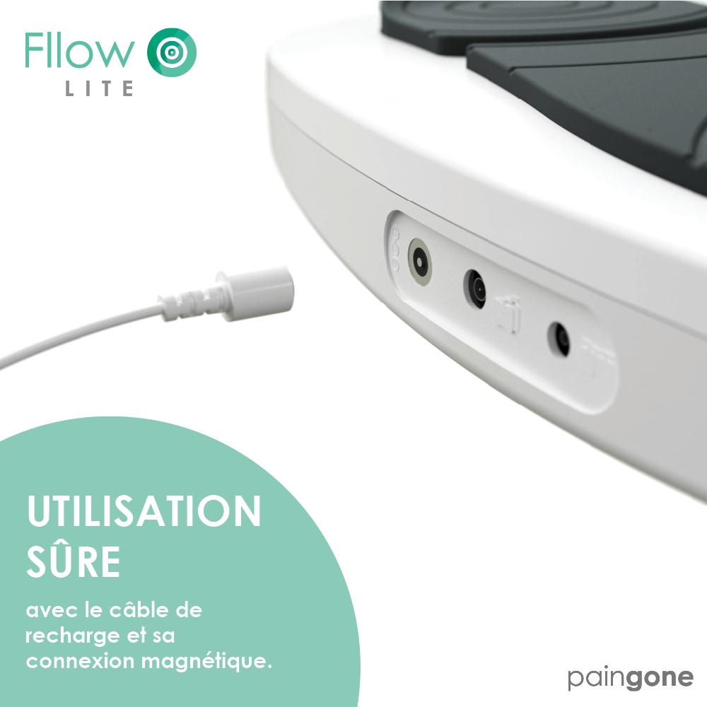 White device with charging port. Text: 'UTILISATION SÛRE' with a green circle around it.