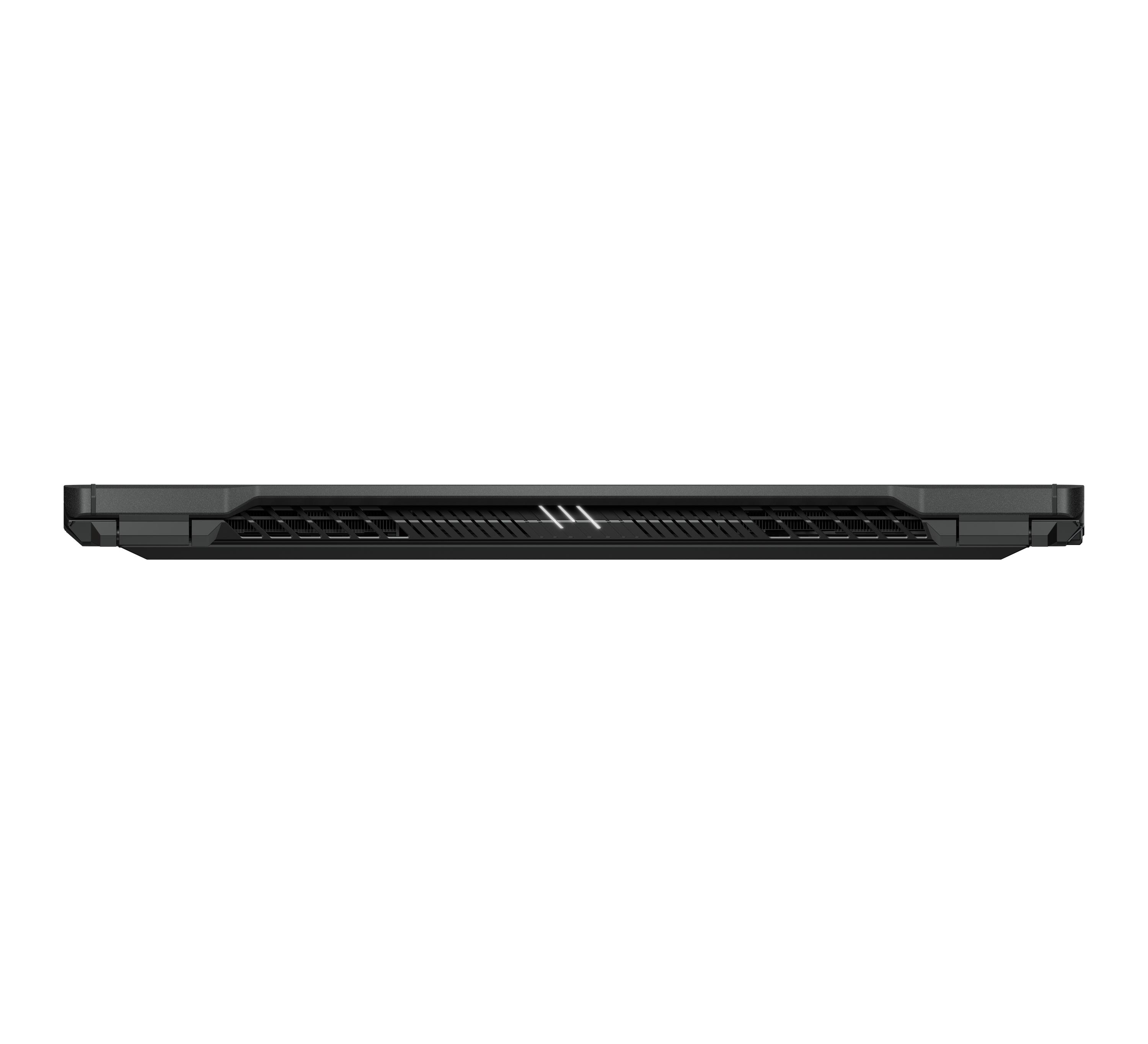 Die Rückseite eines schwarzen Laptops, mit Lüftungsschlitzen und Logo, auf weißem Hintergrund.