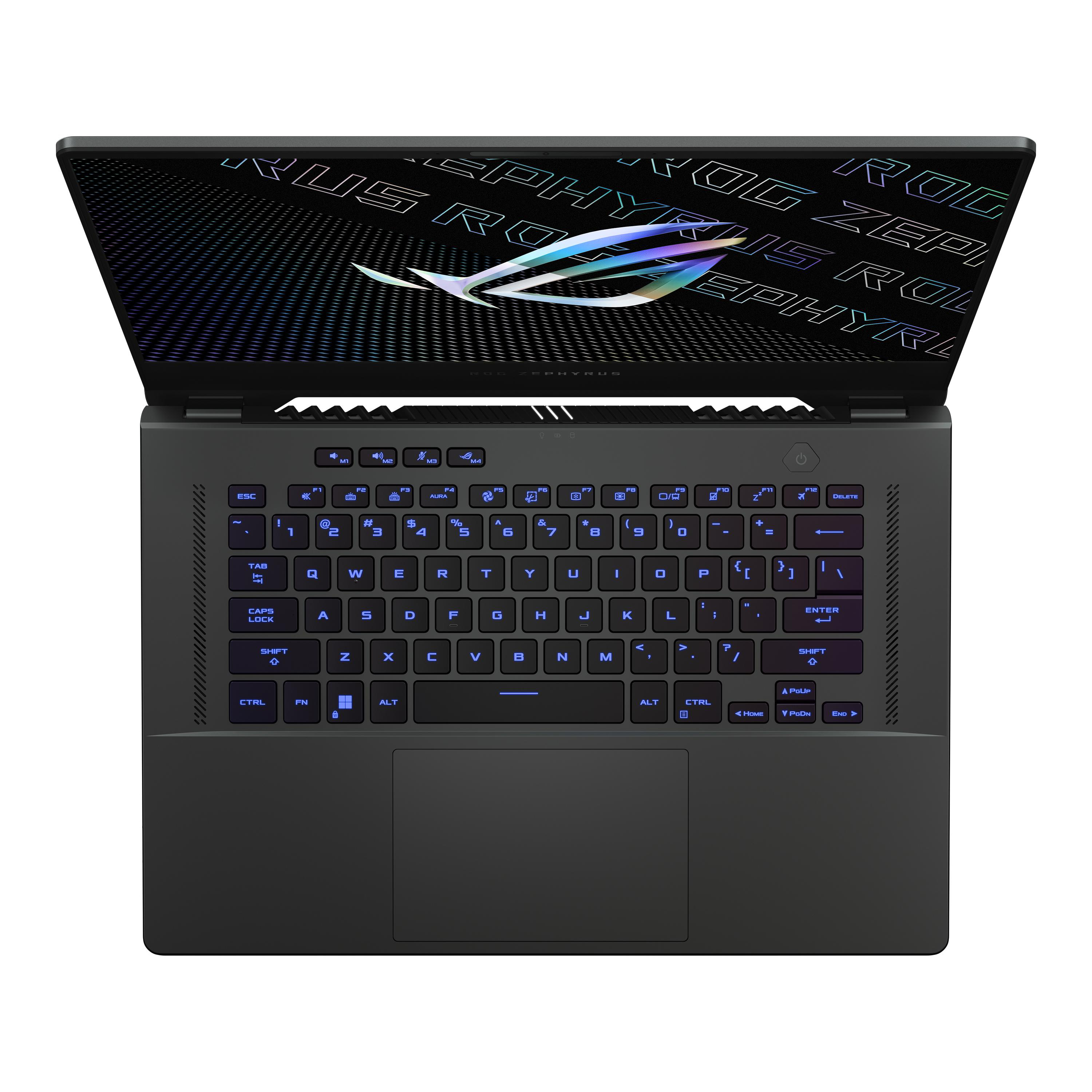 Gaming-Laptop mit beleuchteter Tastatur und Bildschirm.
