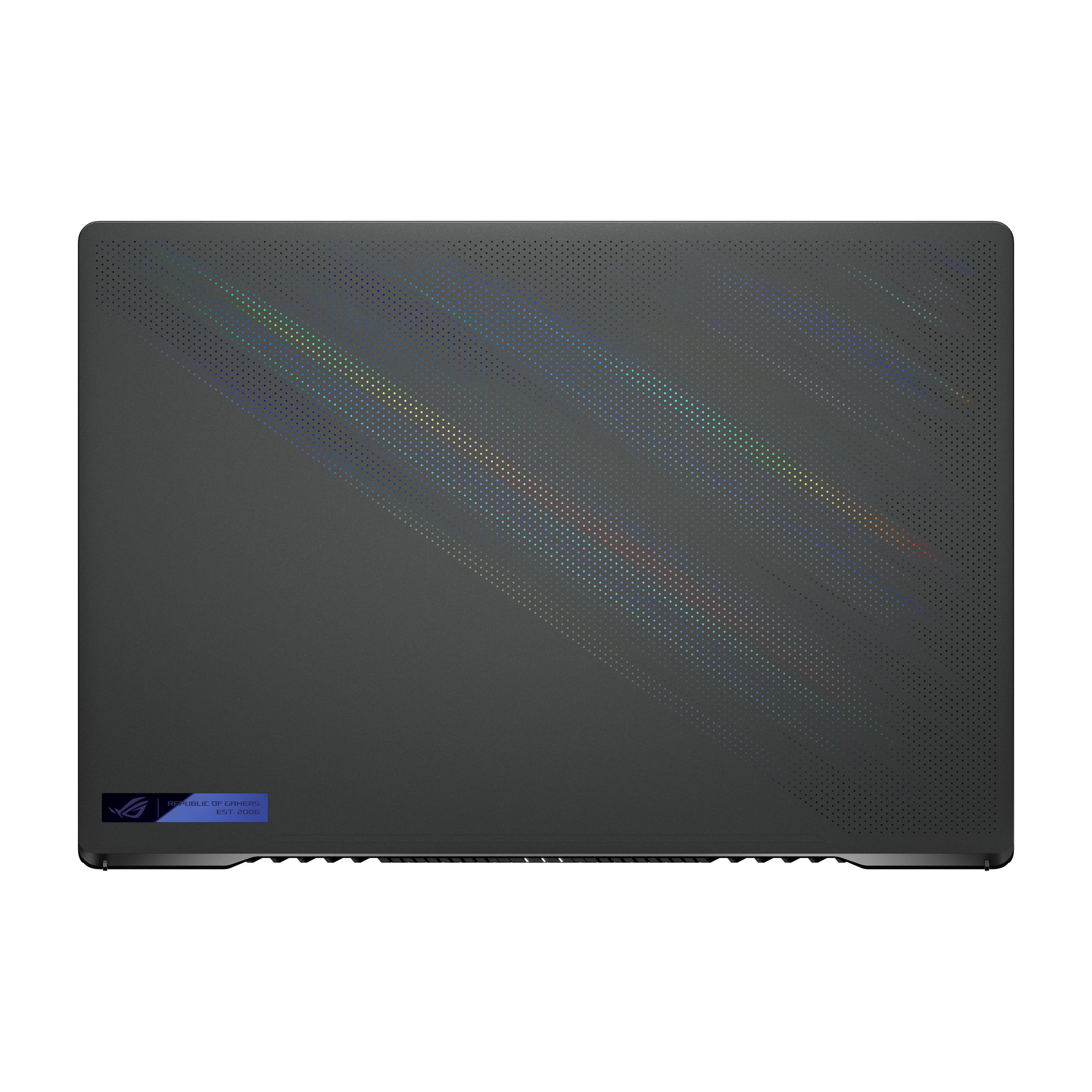 Laptop-Rückseite, dunkelgrau. Gepunktetes Design mit Farbverlauf. ROG-Logo unten links.