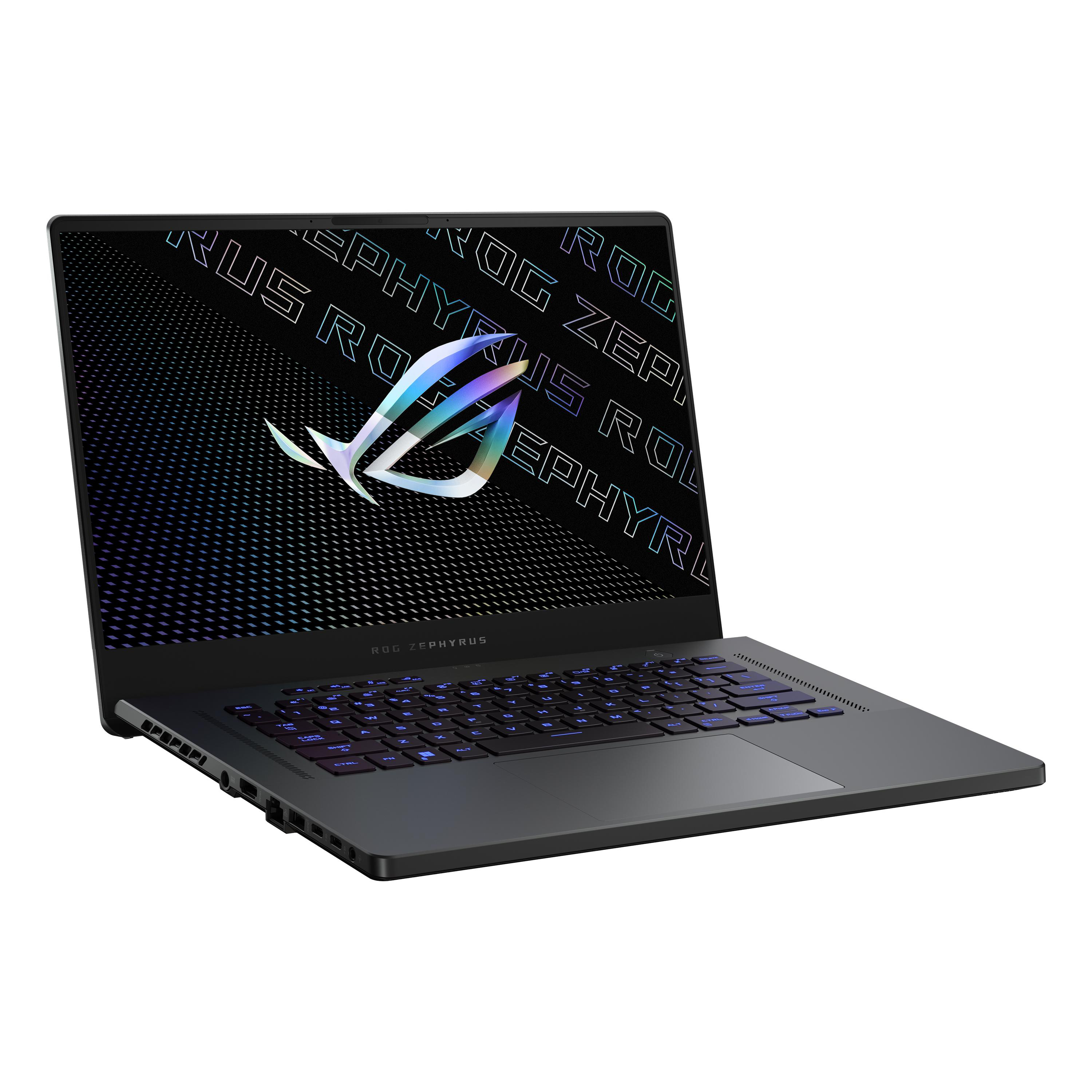 Ein schwarzer Laptop mit leuchtendem Logo und Tastatur. Geöffnete, angewinkelte Ansicht, schlichter weißer Hintergrund.