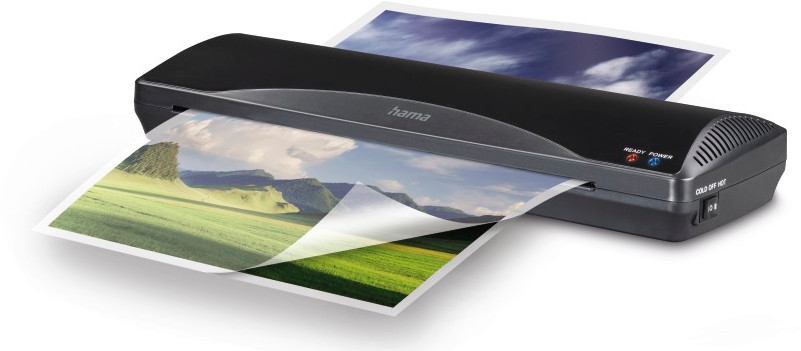 Black laminator with a document being laminated. Text on the device says 'HAMA'.