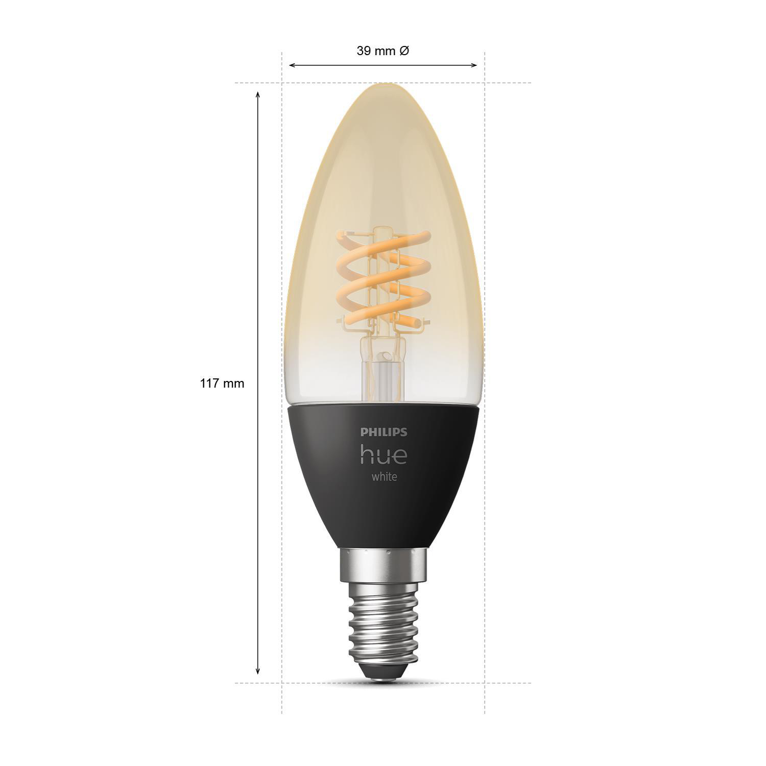 Philips Hue weiße Glühbirne, mit Maßen, auf weißem Hintergrund.