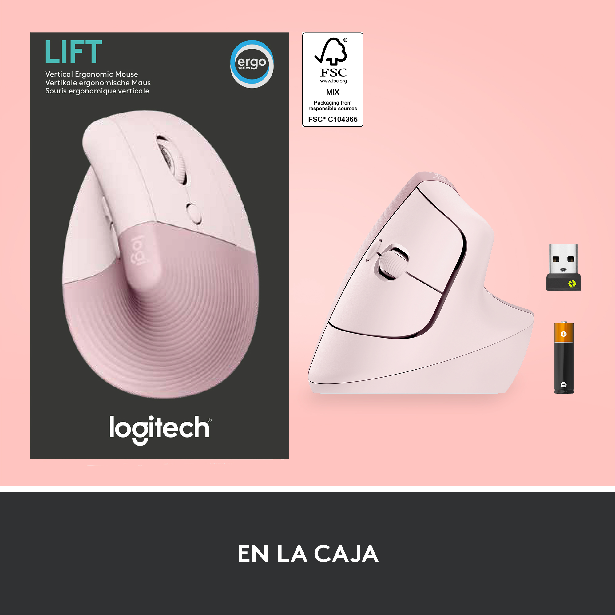 Un ratón ergonómico rosa y una caja, junto a un receptor USB y una batería, sobre un fondo rosa.