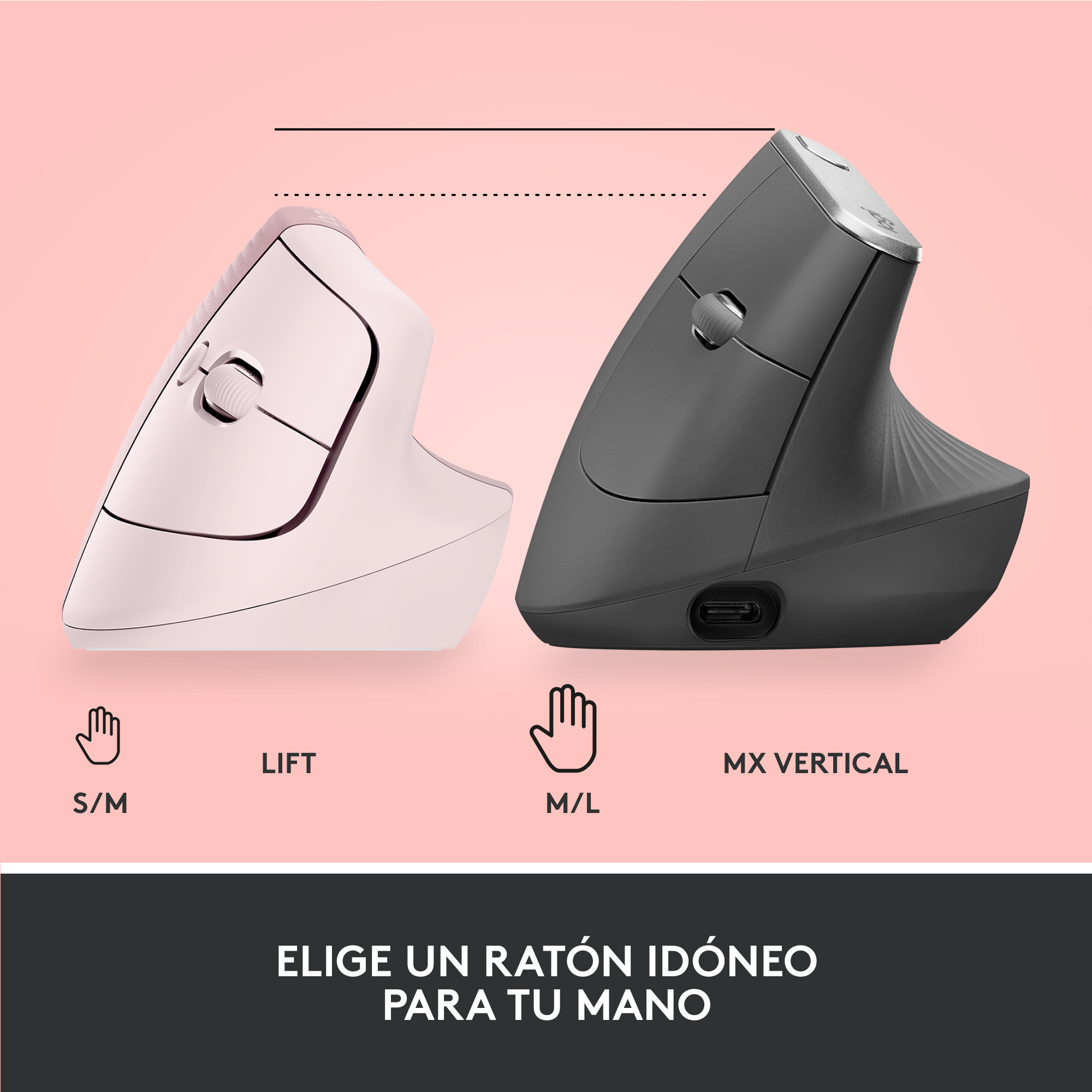 Dos ratones de ordenador ergonómicos. Uno blanco, uno gris oscuro, diseño vertical.