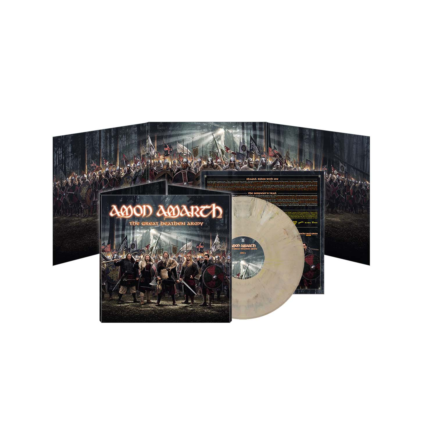 Vinylplatte mit Amon Amarth Albumcover und Waldhintergrund.