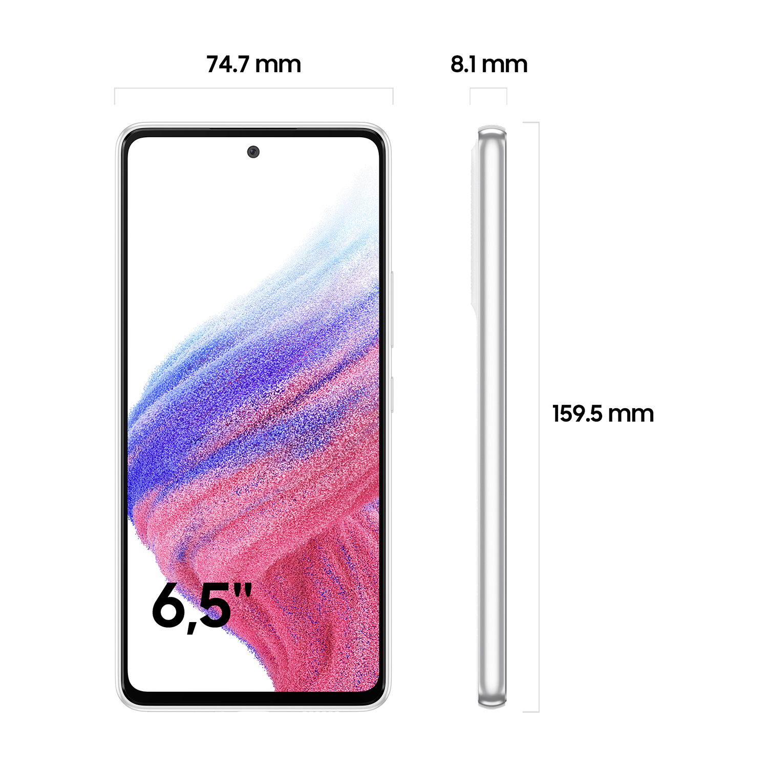 Un teléfono inteligente con medidas de pantalla mostradas.