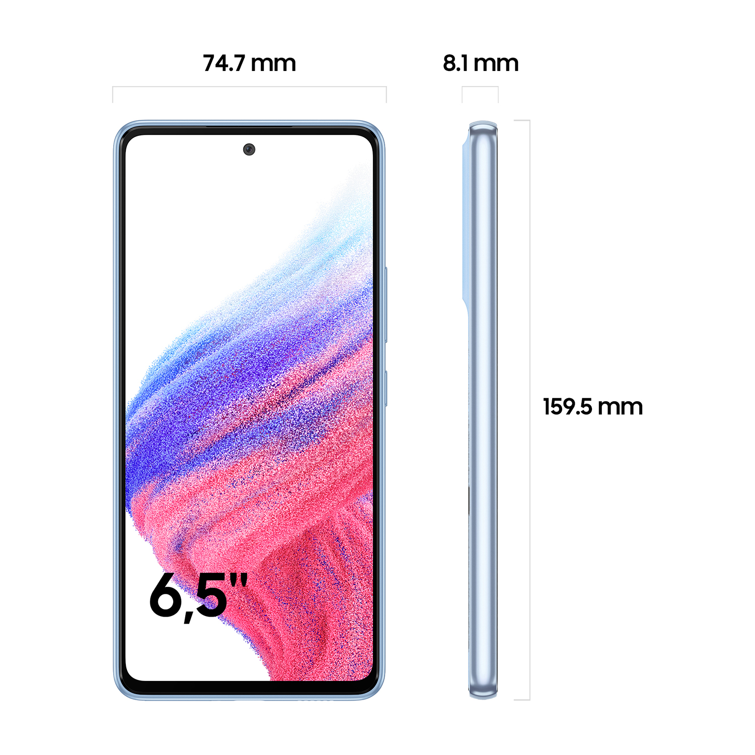 Un teléfono azul con dimensiones. La pantalla muestra colores rosa y azul.