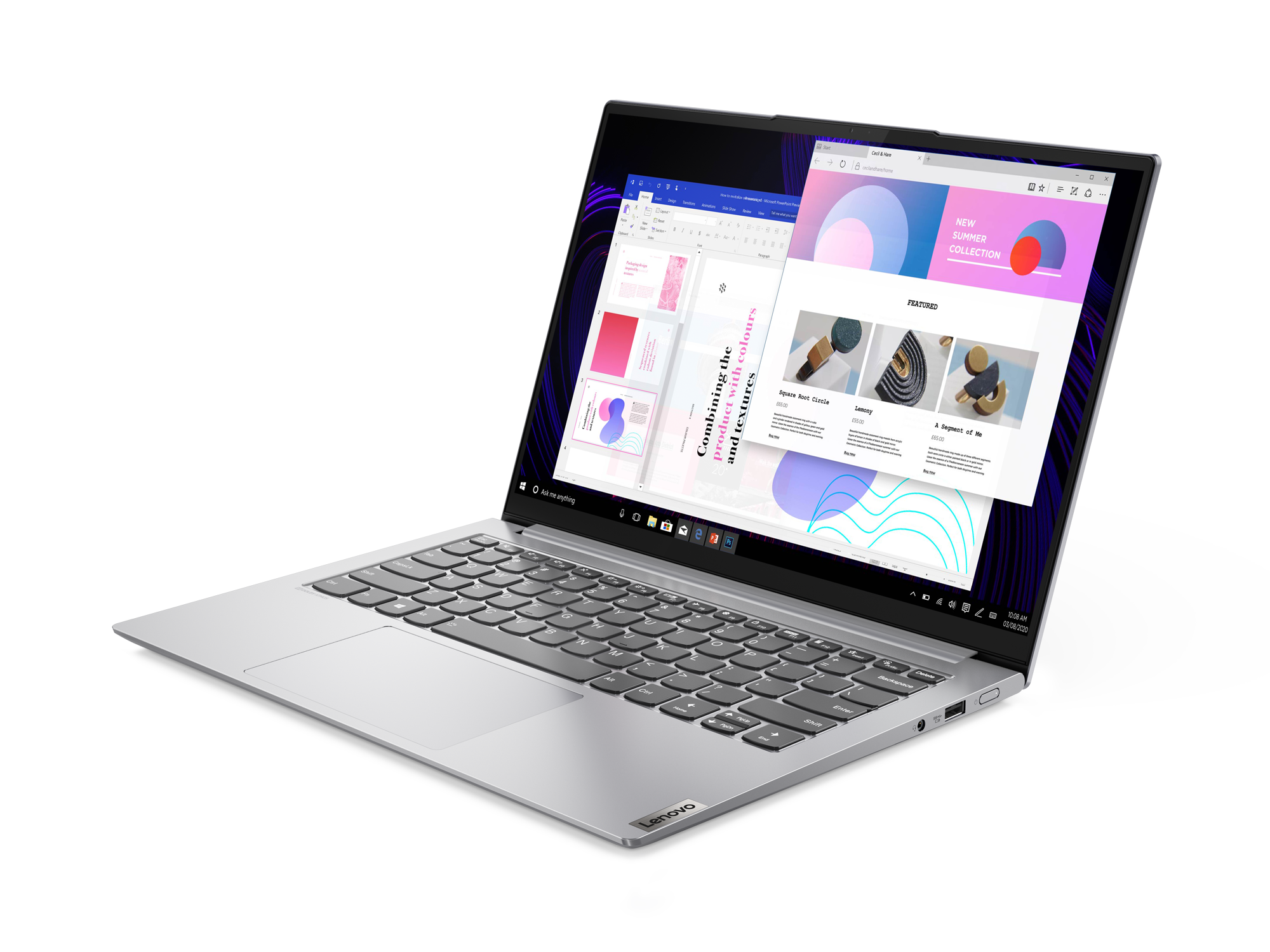 Ein silberner Laptop mit offenem Bildschirm, der eine Webseite und ein Dokument zeigt.