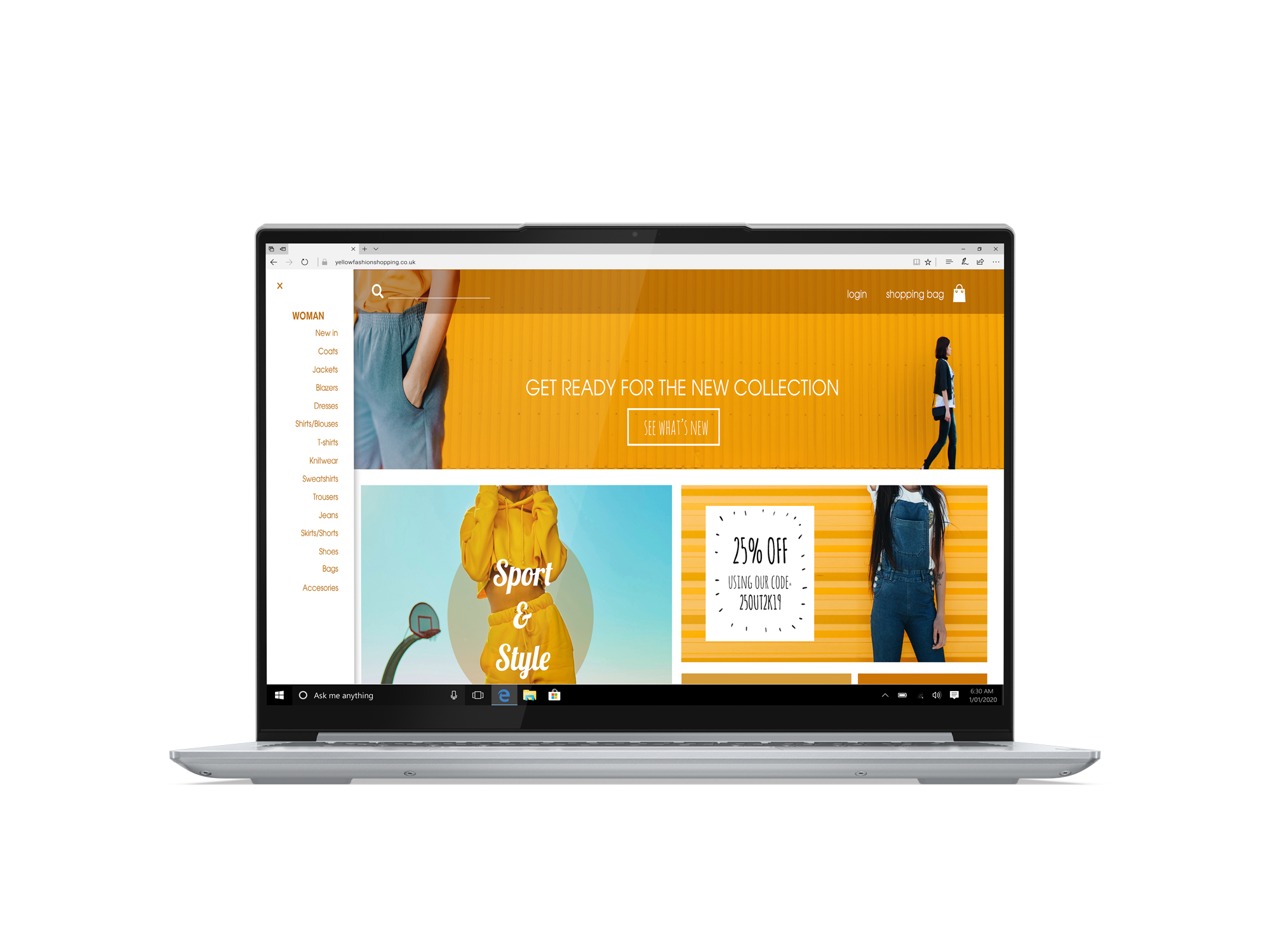 Laptop mit einer Website mit Modeartikeln. Weißer Laptop auf schwarzem Hintergrund. Website hat gelbe Akzente.