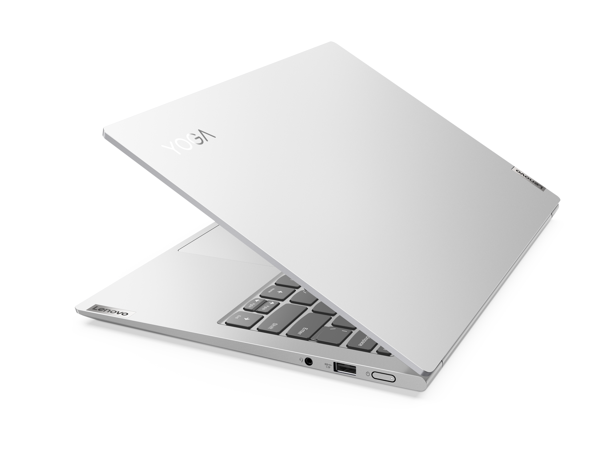 Ein weißes Lenovo Yoga Laptop ist geöffnet, eine Tastatur zeigend.