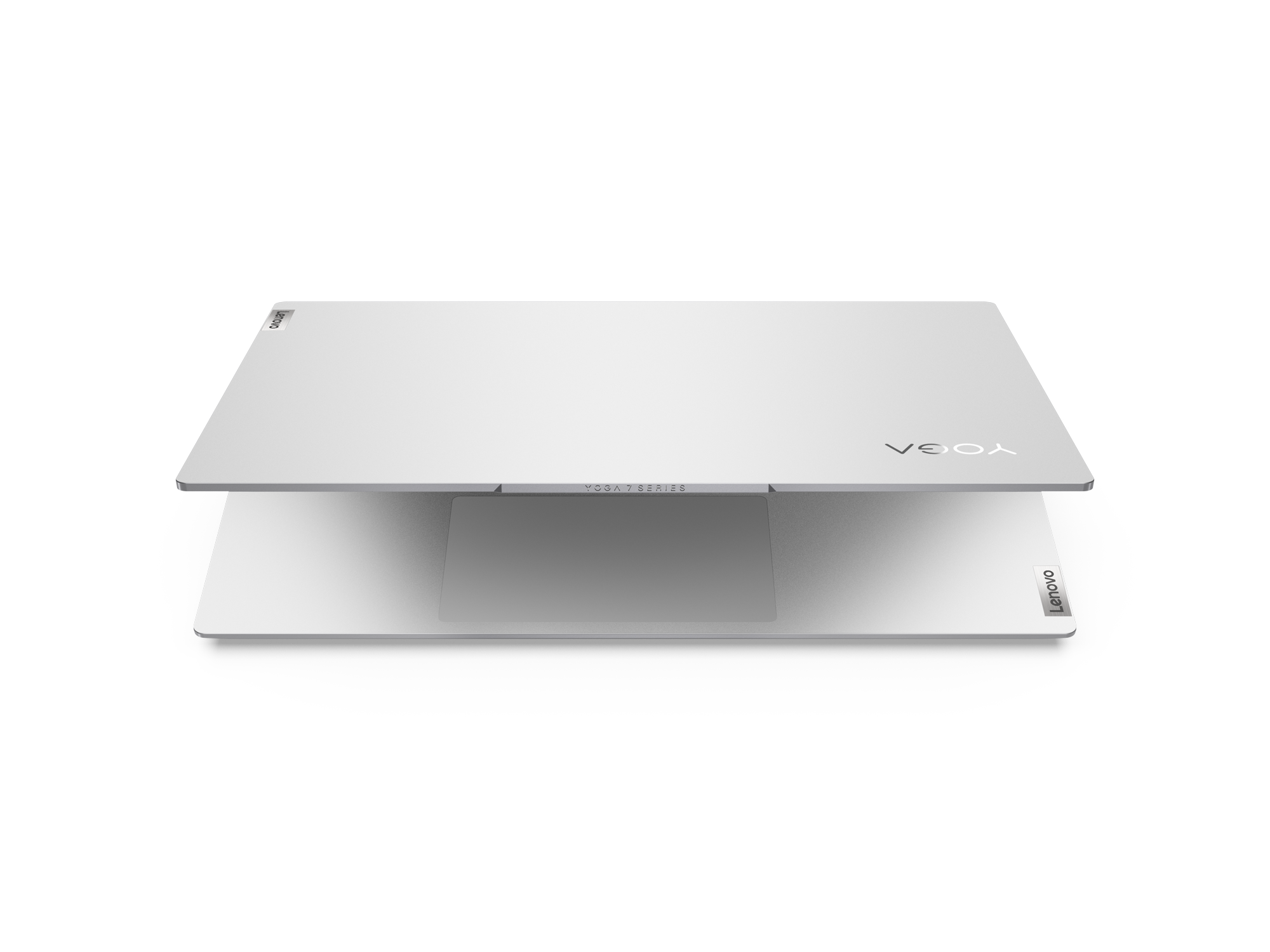 Weißer Laptop, geöffnet und abgewinkelt, mit Yoga-Serien-Logo, schwarzer Hintergrund.