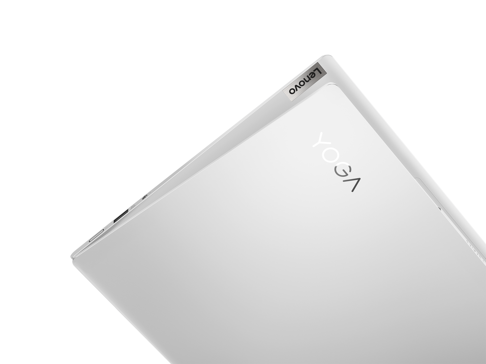 Weißes Lenovo Yoga-Laptop teilweise geöffnet, mit Yoga-Logo sichtbar.