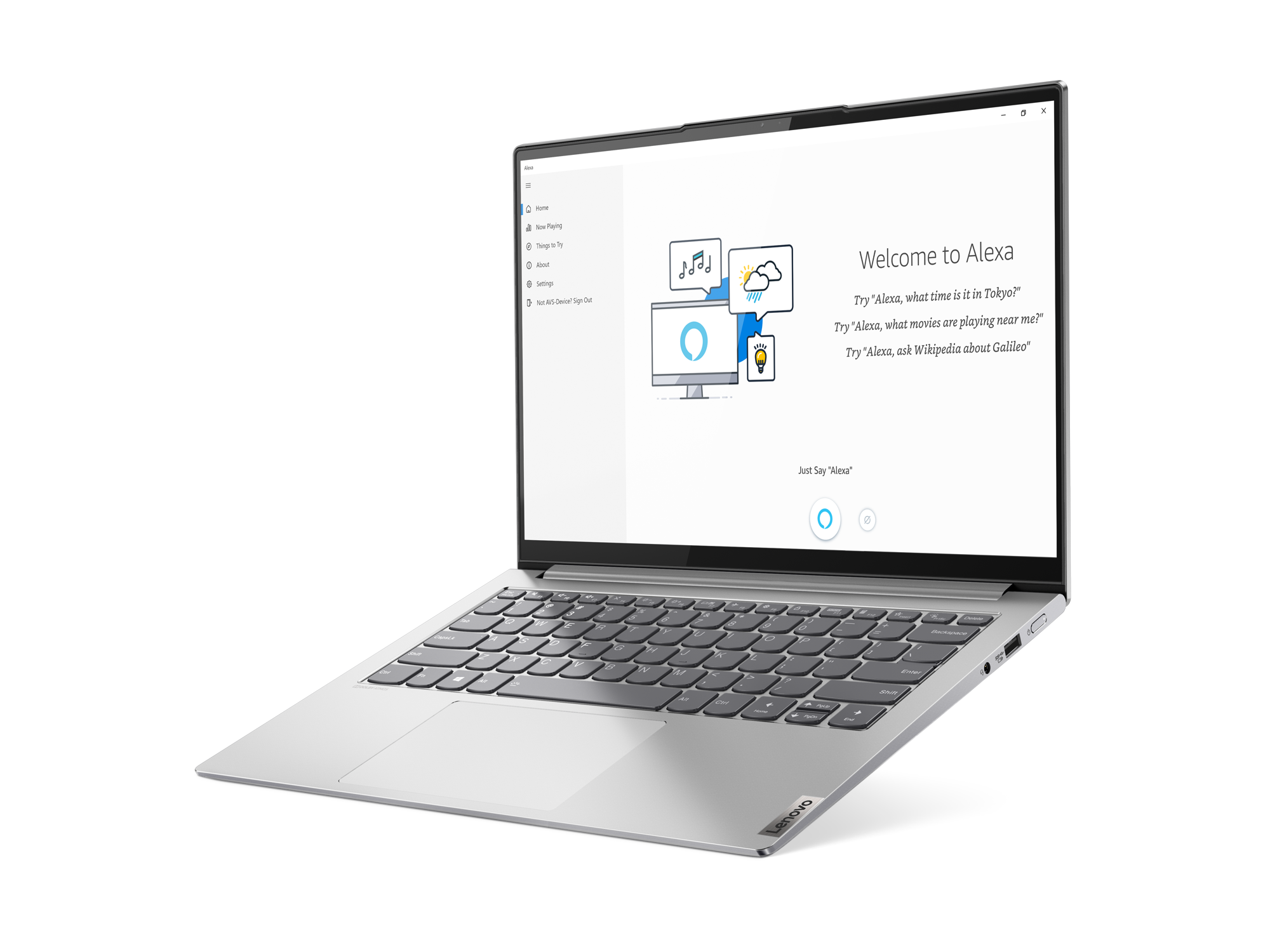 Silberner Lenovo-Laptop mit Alexa-Oberfläche. Der Bildschirm zeigt die Willkommensnachricht von Alexa.